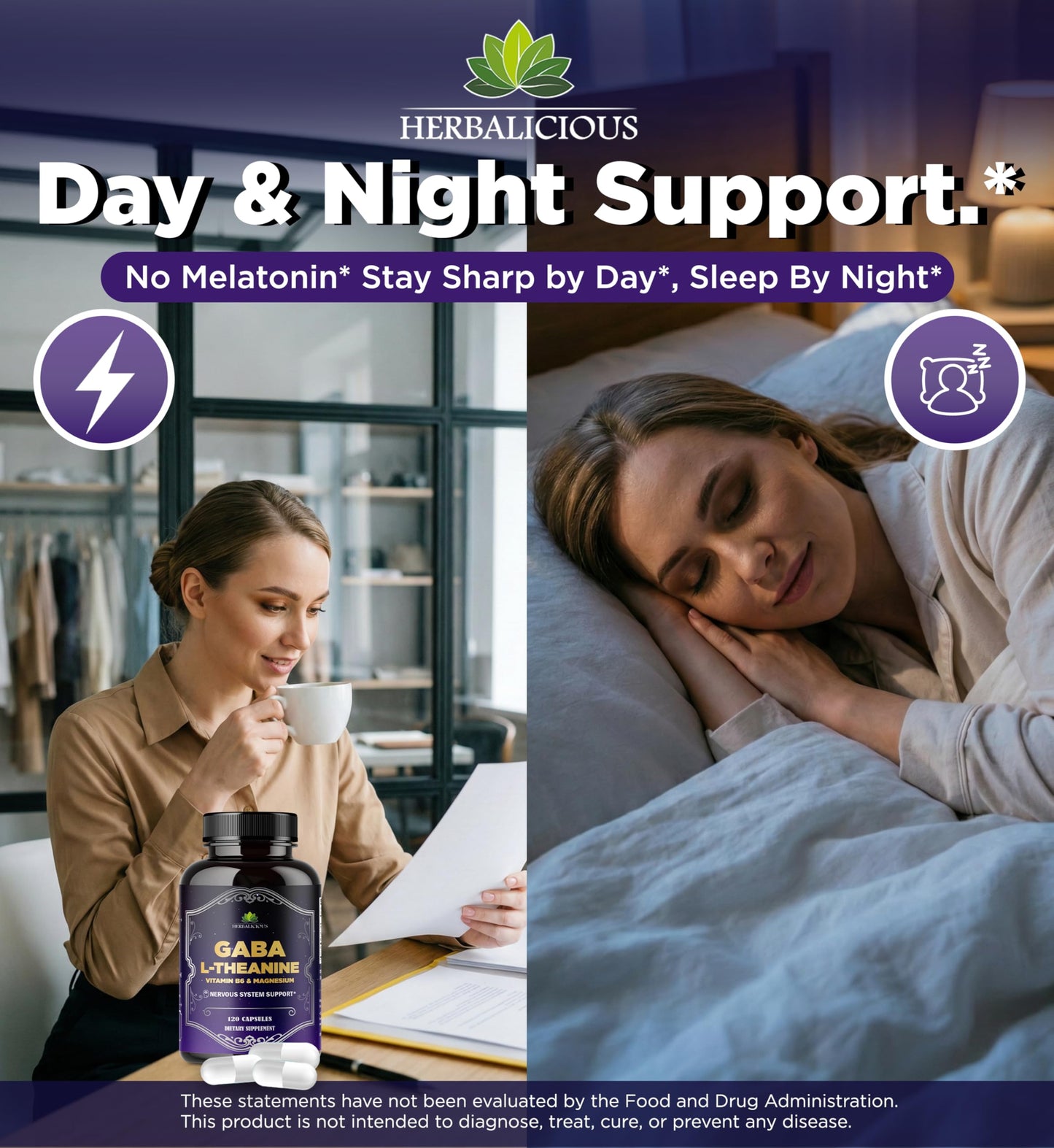 HERBALICIOUS GABA L-Theanine with Magnesium – Calm & Focus Support, Stress Relief, Relaxation + Mood Balance, Brain & Memory Support Supplement – Vitamin B6 + B12 Complex – 120 Capsules HERBALICIOUS