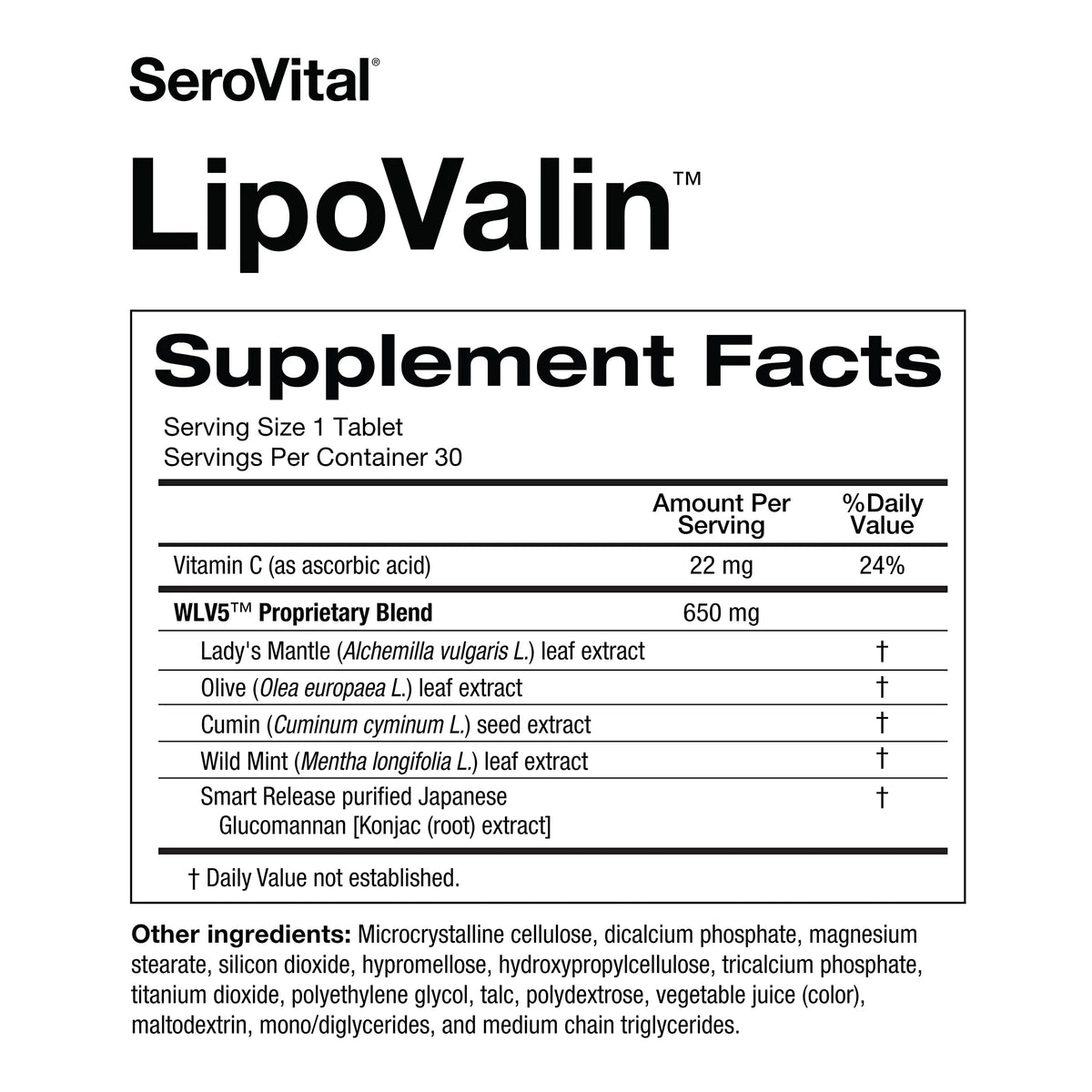 Serovital LipoValin Clinically Validated Pills for Women Diet Pill, Appetite Suppressant, Stimulant-Free Weight Loss Supplement - 30 Count (30 Tablets) Serovital