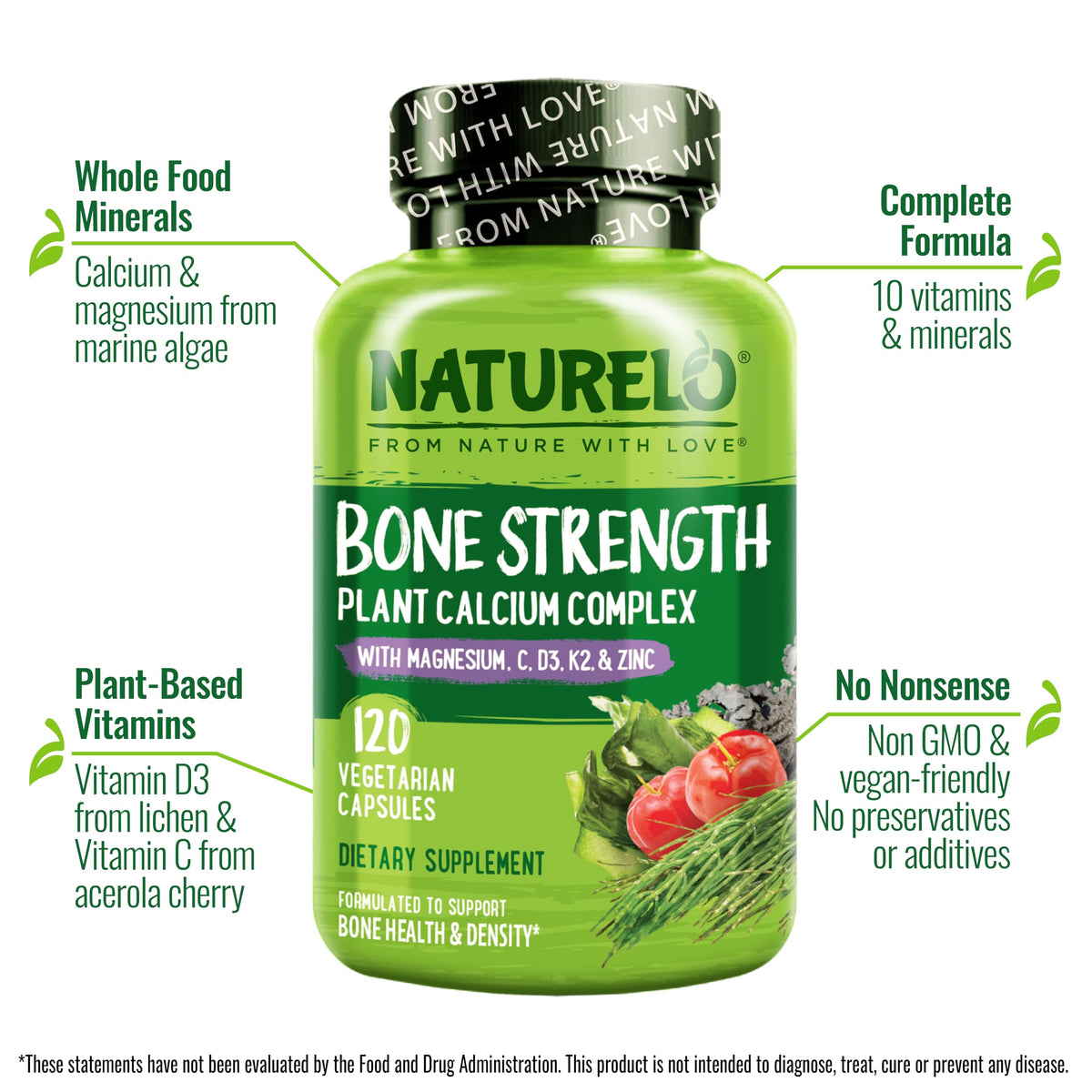 NATURELO Calcium Supplement - with Vitamin C, Vitamin D3, K2, and Calcium Magnesium Zinc for Bone Strength with Calcium 600mg - Plant-Based, 120 Vegetarian Capsules NATURELO
