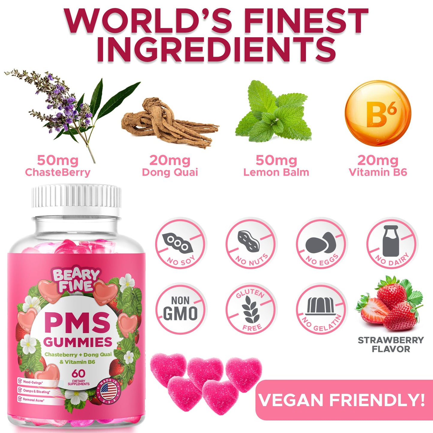 Beary Fine PMS Gummies - PMS Vitamins for Women & Teens - PMS Period Relief - Cramping, Bloating, Mood Swings - Made in The USA (Strawberry, 60 Count) Beary Fine