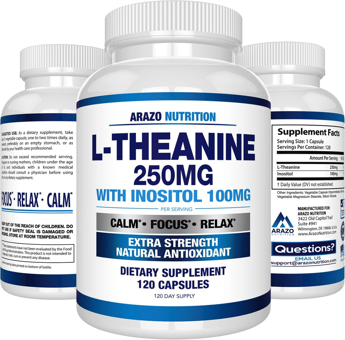 Arazo Nutrition L-Theanine 250mg (Extra Strength) with Inositol 100mg Per Serving, 120 Capsules Vegetarian Gsupps Australia