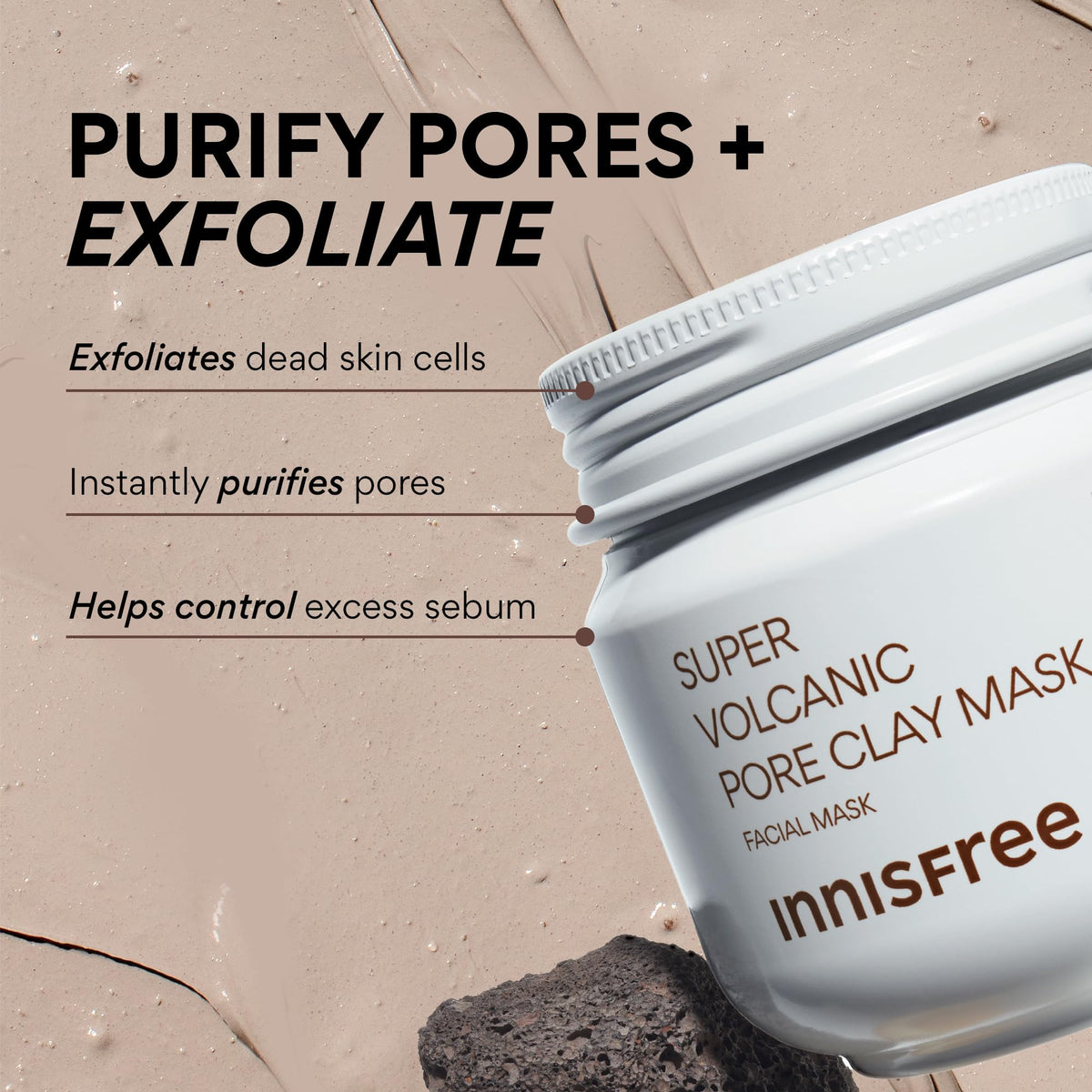 Innisfree Super Volcanic Clay Mask, Premium Korean Skincare with AHA and Natural Clusters for Deep Pore Detox, Gentle Exfoliation, Oil Control innisfree