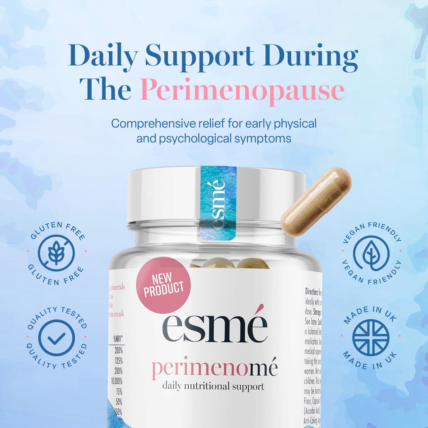 Esme Menopause Supplements Perimenopause Supplements 1 Month Supply - Daily Support for The Early Stage of Menopause – 60 Capsules - Includes Ashwagandha, Vitamins and Red Clover Esme