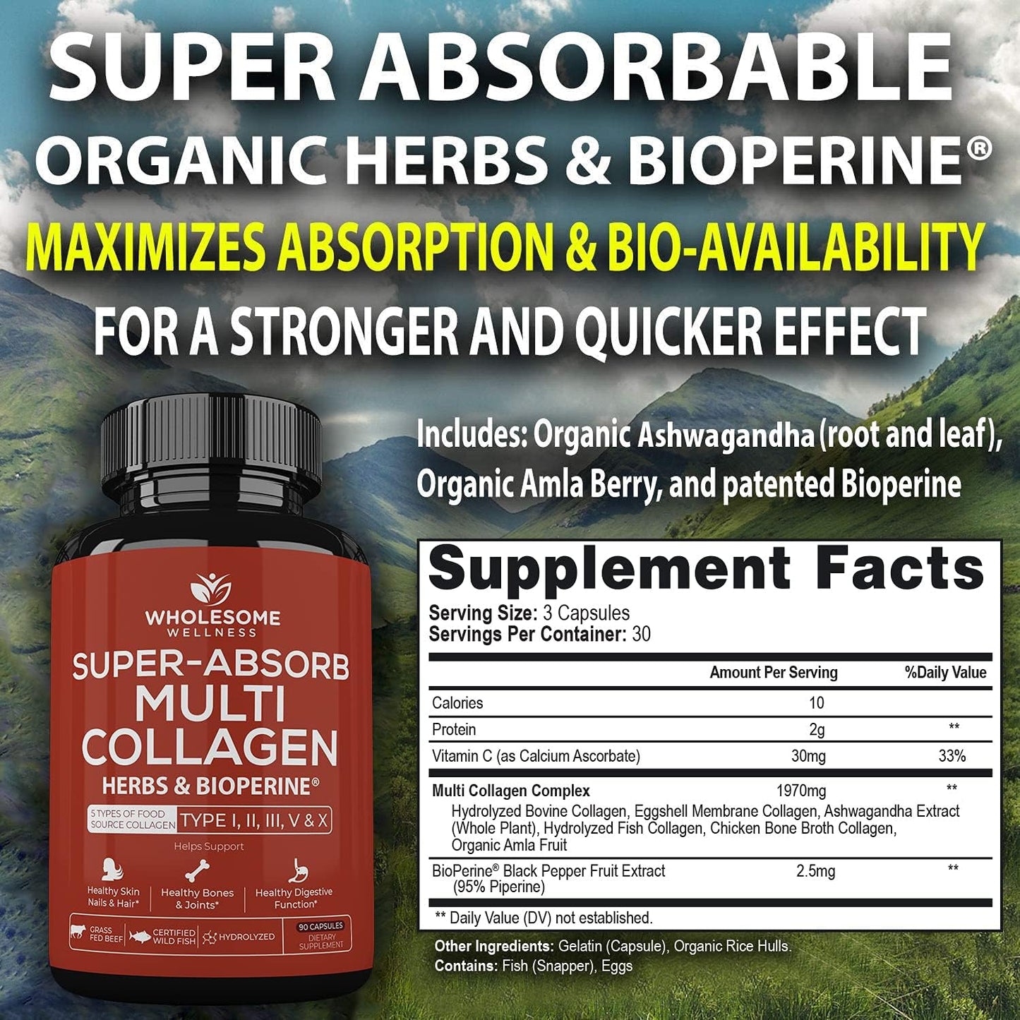 Wholesome Wellness Digestive Enzymes 1000MG Plus Prebiotics & Probiotics Supplement + Super-Absorb Multi Collagen Pills (Type I II III V X) Organic Herbs and Bioperine Bundle Gsupps Australia