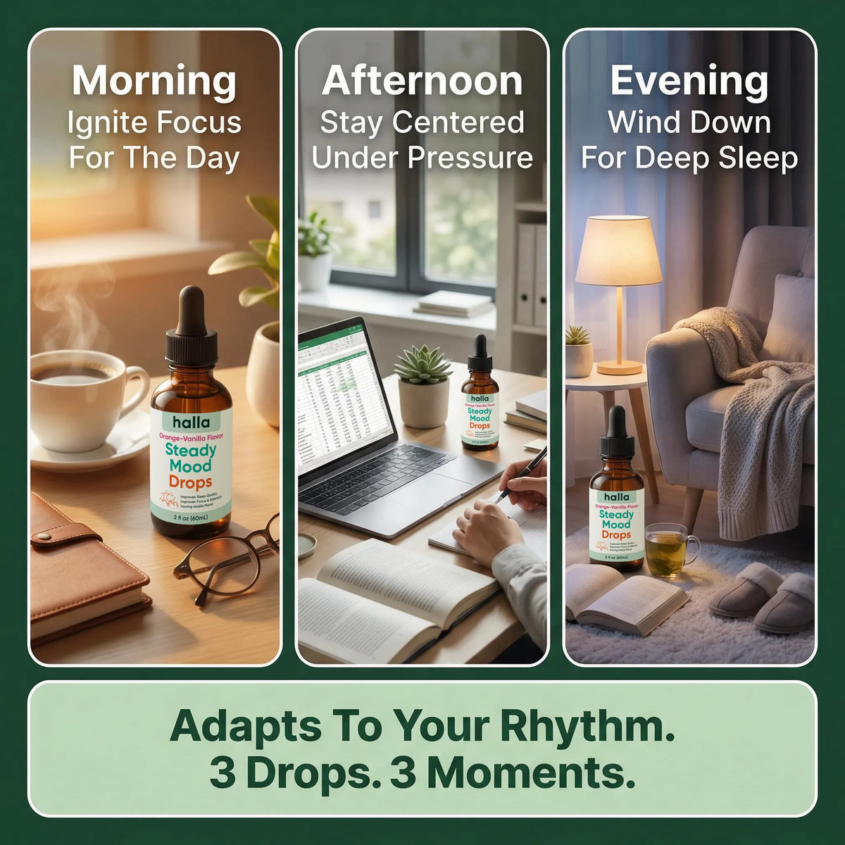 Halla Steady Mood Drops Saffron Extract, Maritime Pine Bark Extract, Phosphatidylserine, Magnesium L-Threonate, Sleep Supplements, Improves Focus & Attention, Mood Support Supplement, 60ml HALLA