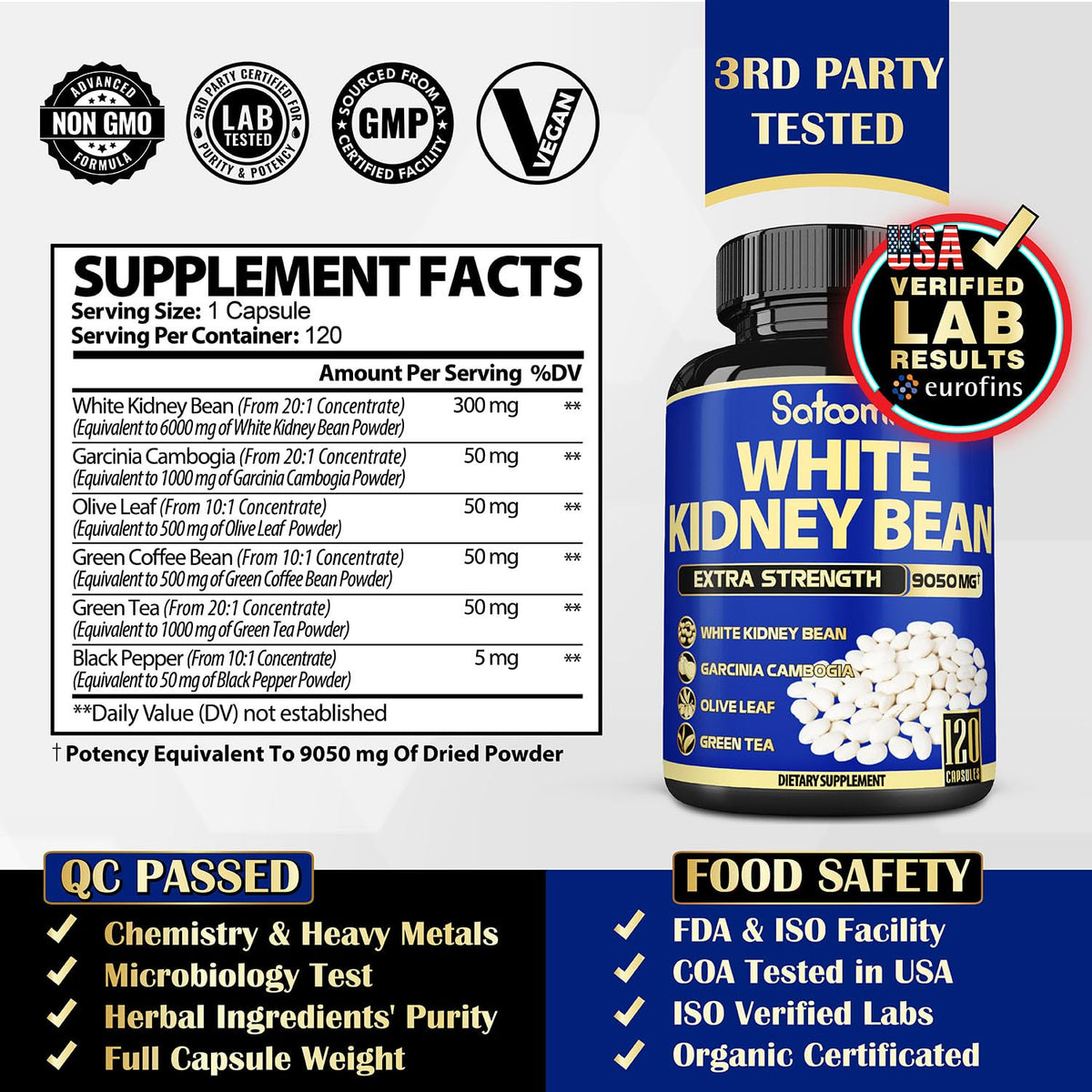 6in1 White Kidney Bean Extract Capsules 9050 Mg - with Garcinia Cambogia, Olive Leaf Satoomi