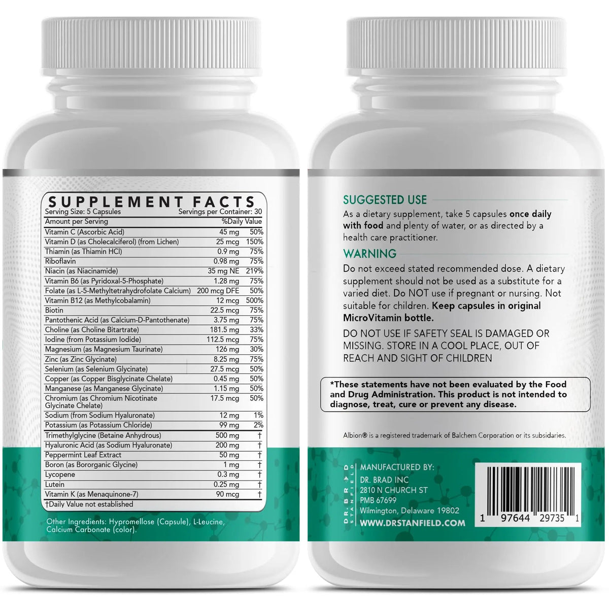 Dr Brad Stanfield Daily Low Dose MultiVitamin & Mineral for Men & Women to Support Cognitive Performance & Memory + Hyaluronic Acid for Skin Health Dr Brad Stanfield