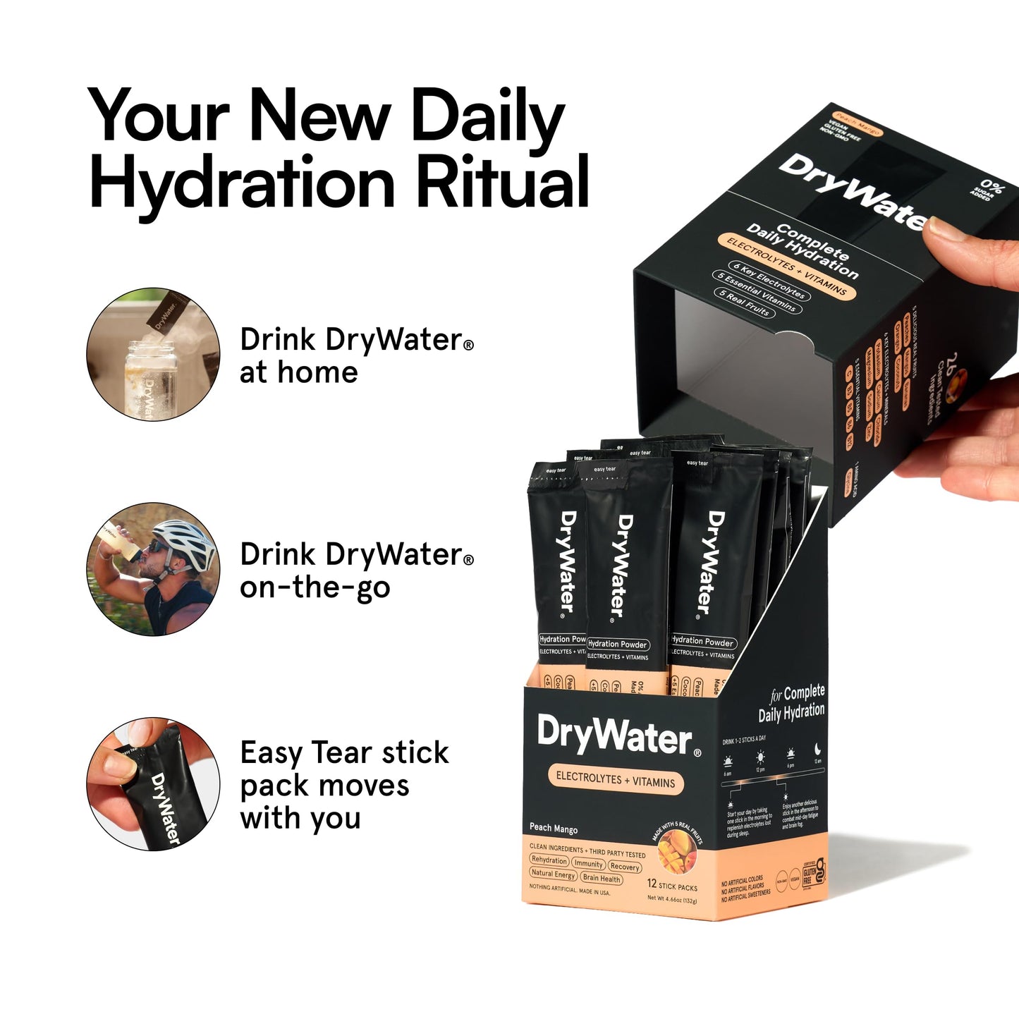 DryWater Electrolyte Powder Packets, Peach Mango - Hydration Packets Drink Mix with Zero Added Sugar for Rehydration & Energy - 6 Key Electrolytes DryWater