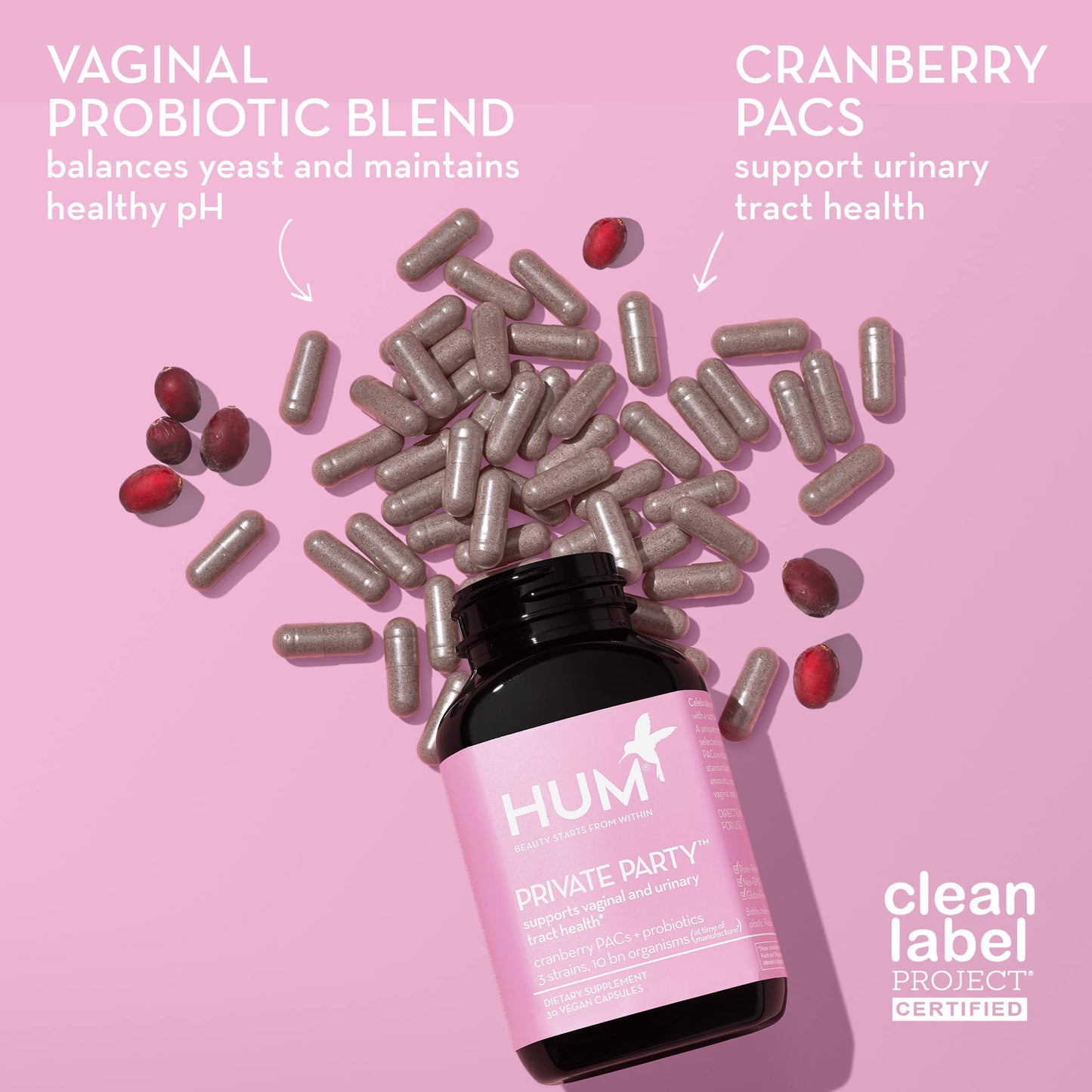 HUM Private Party Vaginal Probiotics for Women, pH Balance and Urinary Tract Support Vaginal Probiotic Supplement with Cranberry & Lactobacillus Blend, Women's Health Cranberry Pills, 90 Capsules HUM