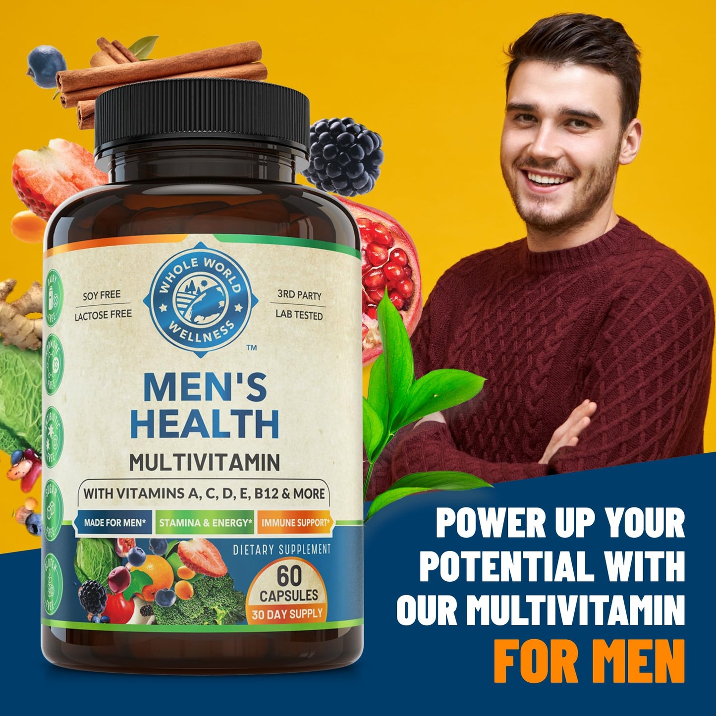 Whole World Wellness Mens Daily Multivitamin Multimineral Supplement for Energy, Focus, Stamina & Performance. Made for Men with 30+ Nutrients, Fruit & Energy Blend. Mens Vitamins, Made in The USA. WHOLE WORLD WELLNESS