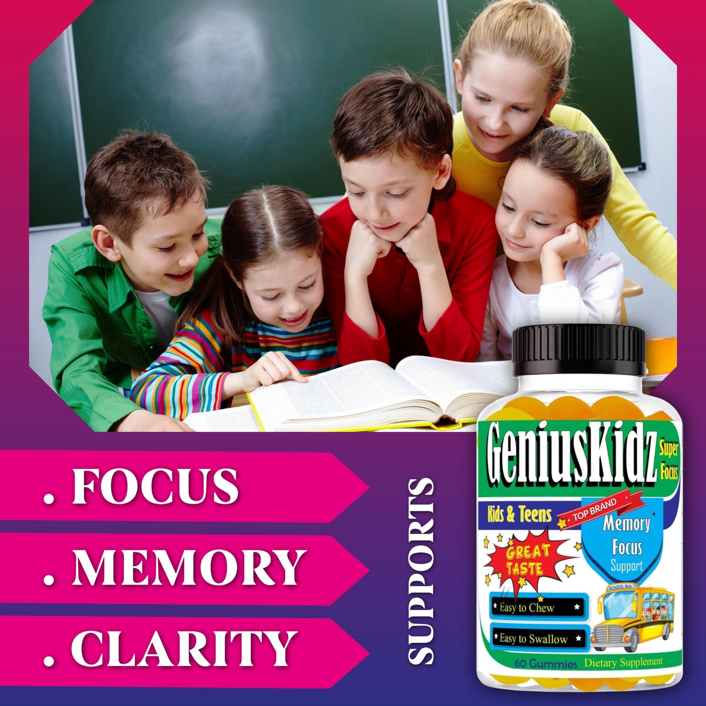 Celebrity Lifestyle Product Brain Support Focus Supplement for Kid and Teens Omega 3 Gummy Vitamin Memory and Attention, Brain Booster, Kid Focus Attention Supplement(1 Bottle) DHA 60ct Celebrity LifeStyle Product
