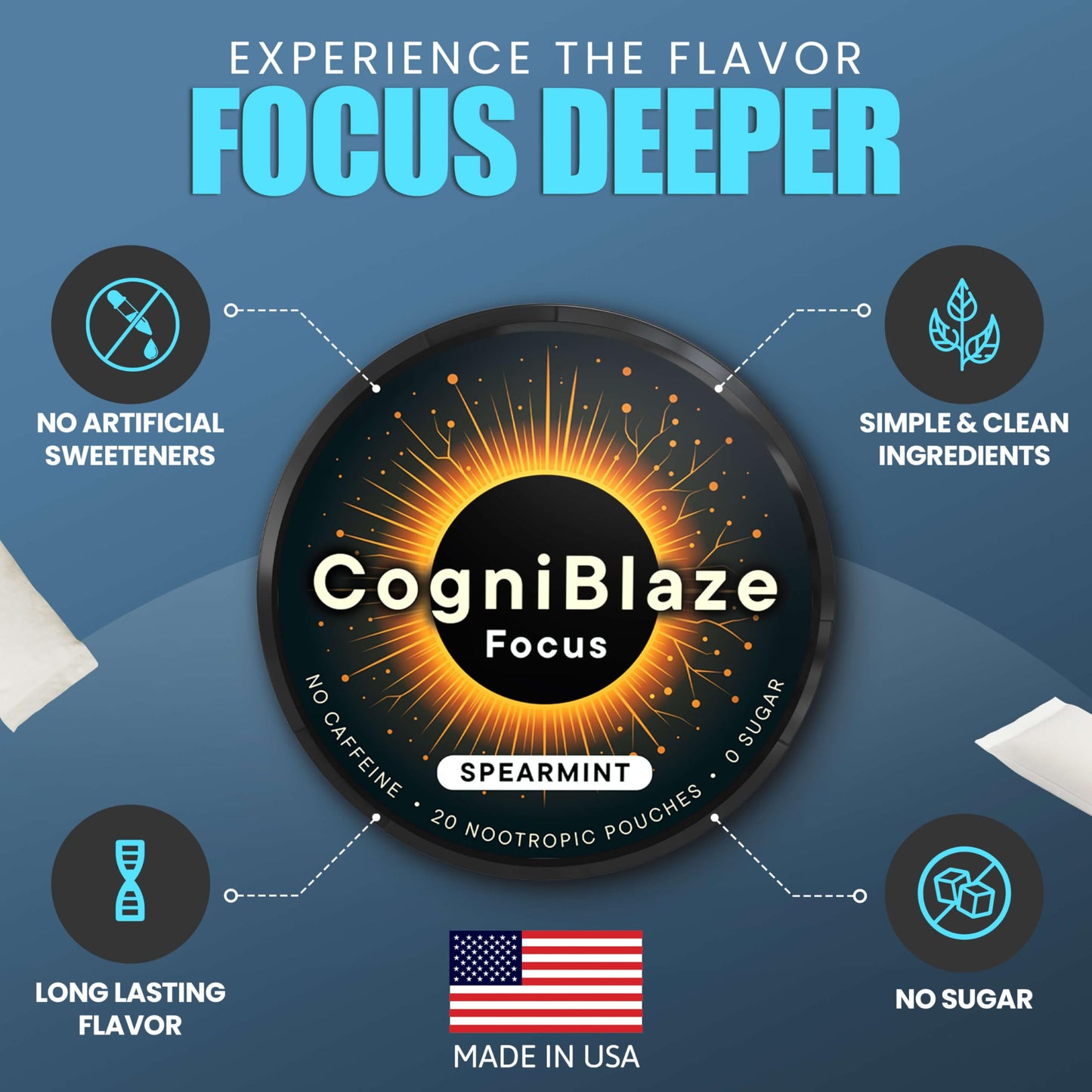 CogniBlaze Nootropic Pouches Caffeine Free (Spearmint) | 80 Focus Pouches for Clarity | 4 Pack (20 Per Can) | Mental Energy Pouches | 25mcg Huperzine A per Nootropic Pouch | Zero Calories CogniBlaze