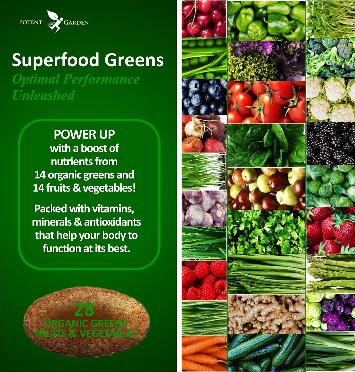 Potent Garden Organic Superfood Greens, Fruit and Veggies Supplement Rich in Vitamins & Antioxidants with Alfalfa, Beet Root & Tart Cherry to Boost Energy, Immunity & Gut Health, Greens Tablets 60 Ct Potent Garden