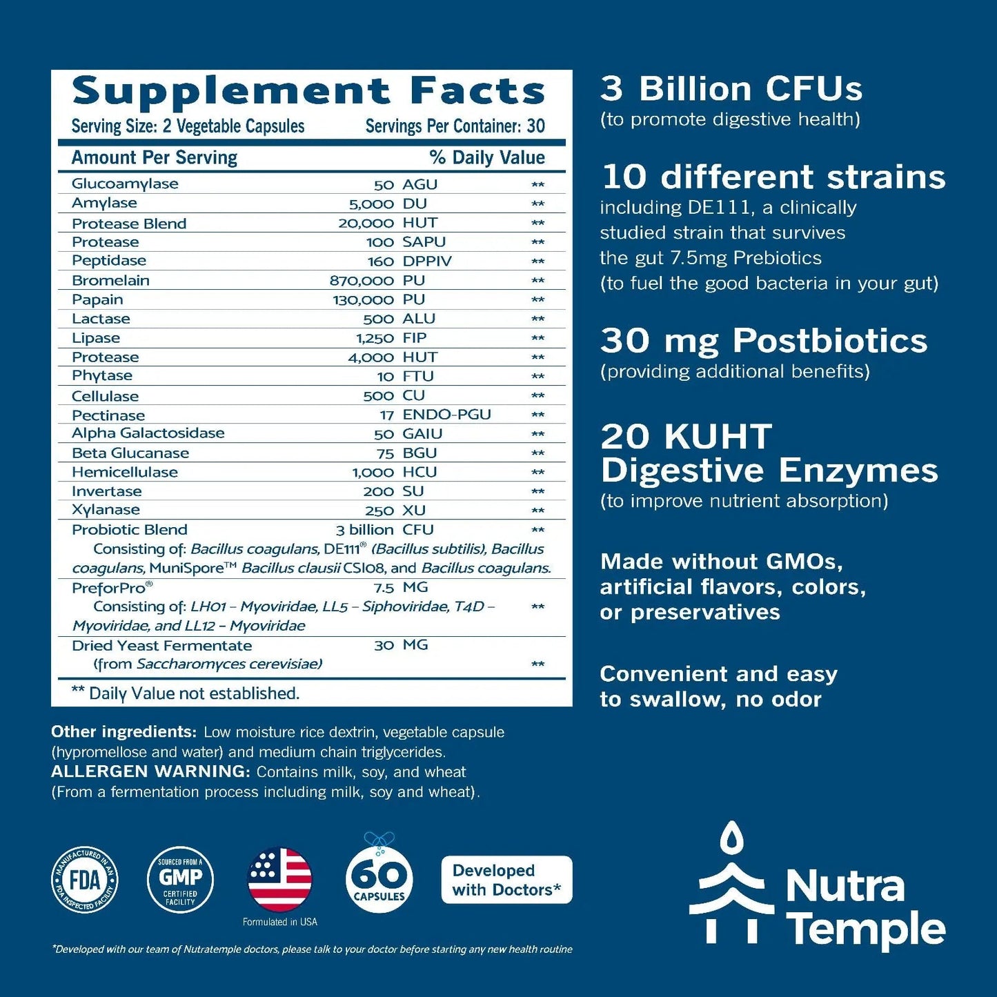 NUTRATEMPLE 4 in 1 Pre Post Probiotics & Digestive Enzymes for Women & Men - Digestive Health, Gut & Immune Support for Occasional Constipation, Diarrhea, Gas & Bloating – 60 Veggie Capsules NUTRATEMPLE