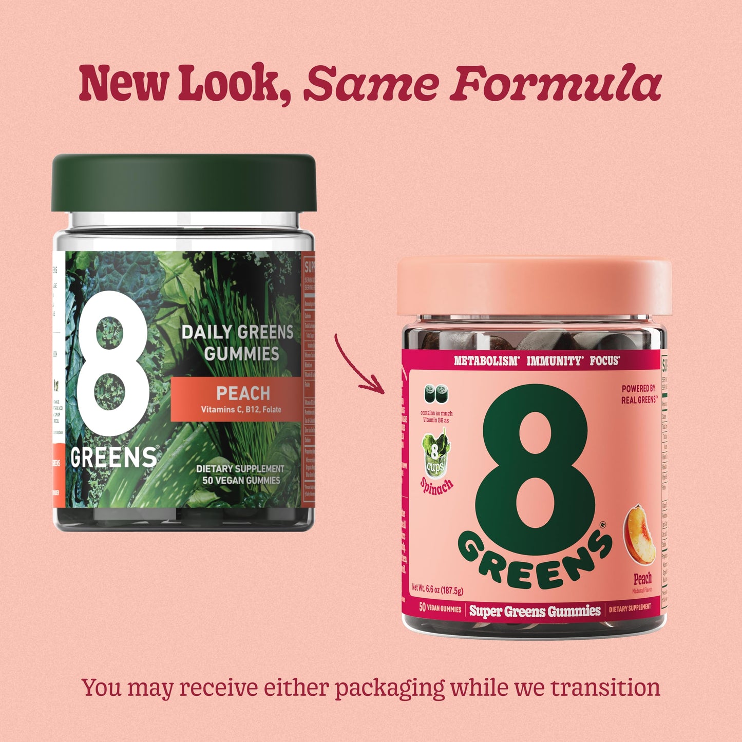 8Greens Supergreens Gummies | Super Greens Powder Superfood Gummy for Metabolism, Immunity & Focus, Digestive Health Enzymes, Organic: Chlorella, Spirulina, Aloe Vera, Peach Flavor, 200 Count 8Greens