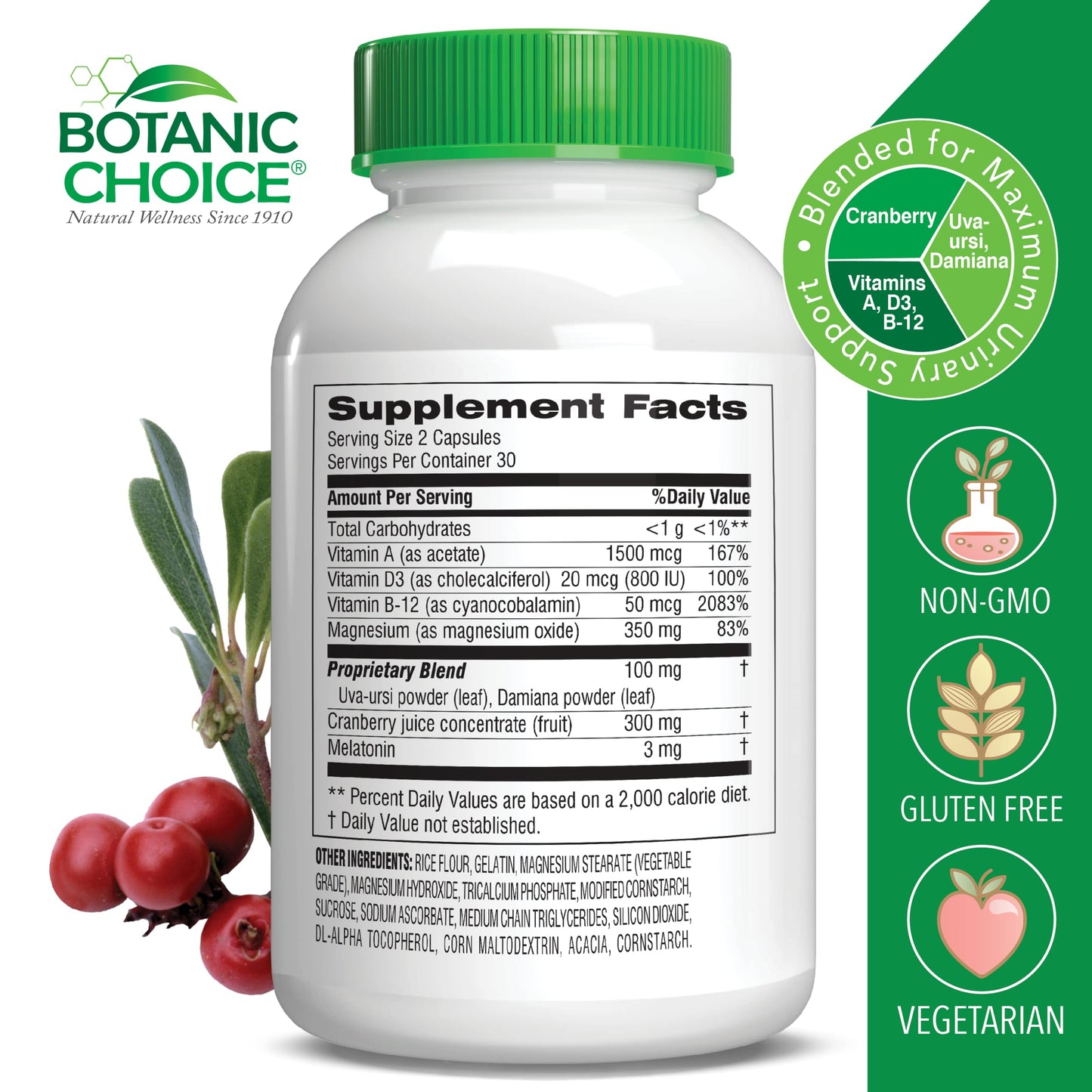 Botanic Choice Pro-Advanced Urinary Formula-Blend for Urinary Tract Health Support - Magnesium Cranberry Uva Ursi Damiana - 60 Capsules Botanic Choice