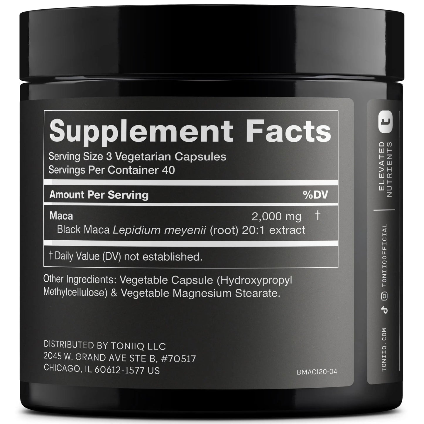 Toniiq Black Maca Root - Ultra High Potency 20:1 Extract - Single Origin, Wildcrafted & Highly Concentrated - Third-Party Lab Tested - 120 Capsules Toniiq