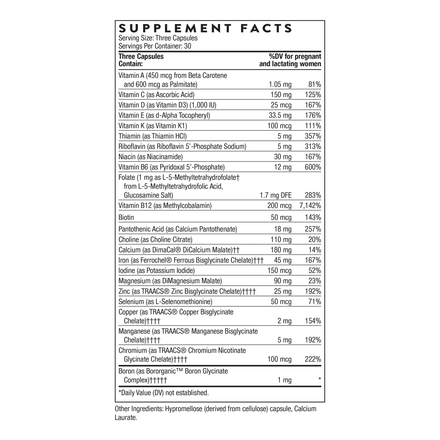THORNE - Basic Prenatal - Well-Researched Folate Multi for Pregnant and Nursing Women Includes 18 Vitamins and Minerals, Plus Choline - Gluten, Dairy & Soy-Free - 90 Capsules - 30 Servings THORNE