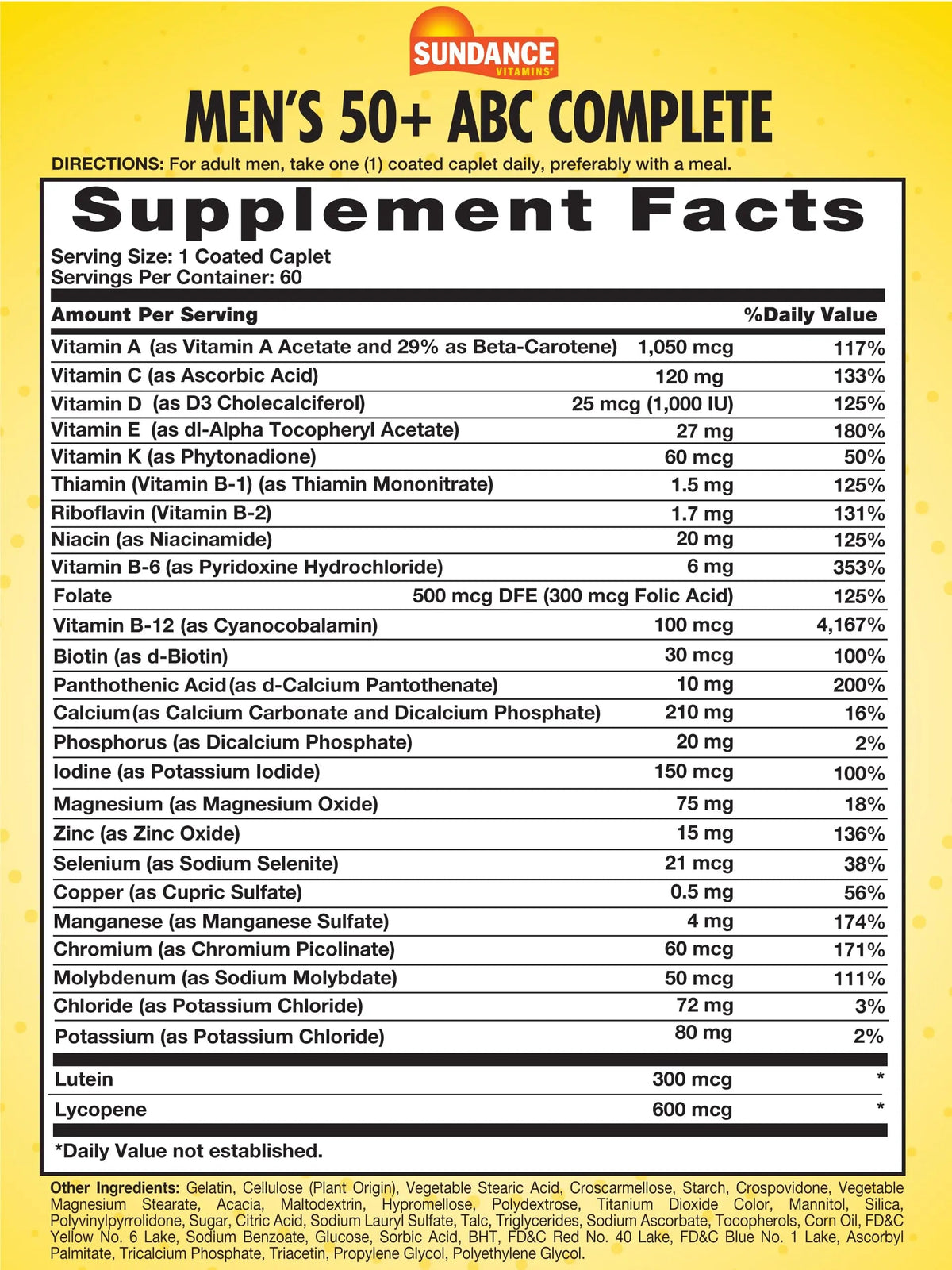 Sundance Men's 50+ Multivitamin Caplets | with Vitamins A, C, E, B6, B12 | Multimineral Formula | Non-GMO & Gluten Free Supplement Sundance