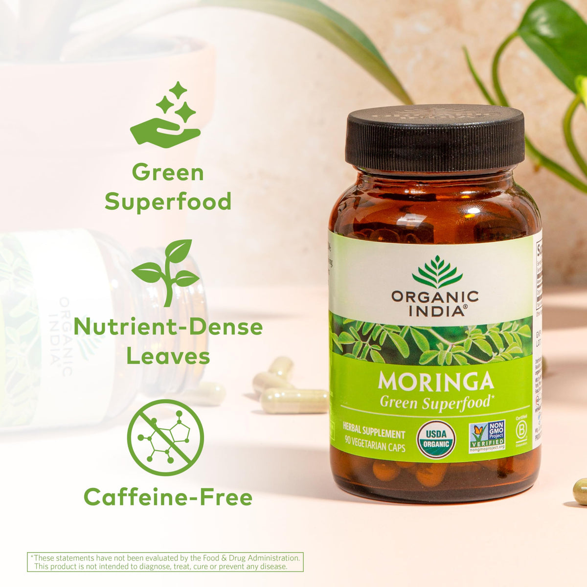 ORGANIC INDIA Moringa Herbal Supplement - Green Superfood, Nutrient Dense, Pure Plant Protein, Vitamin A, E, K, Iron, Calcium, Fiber, Vegan ORGANIC INDIA