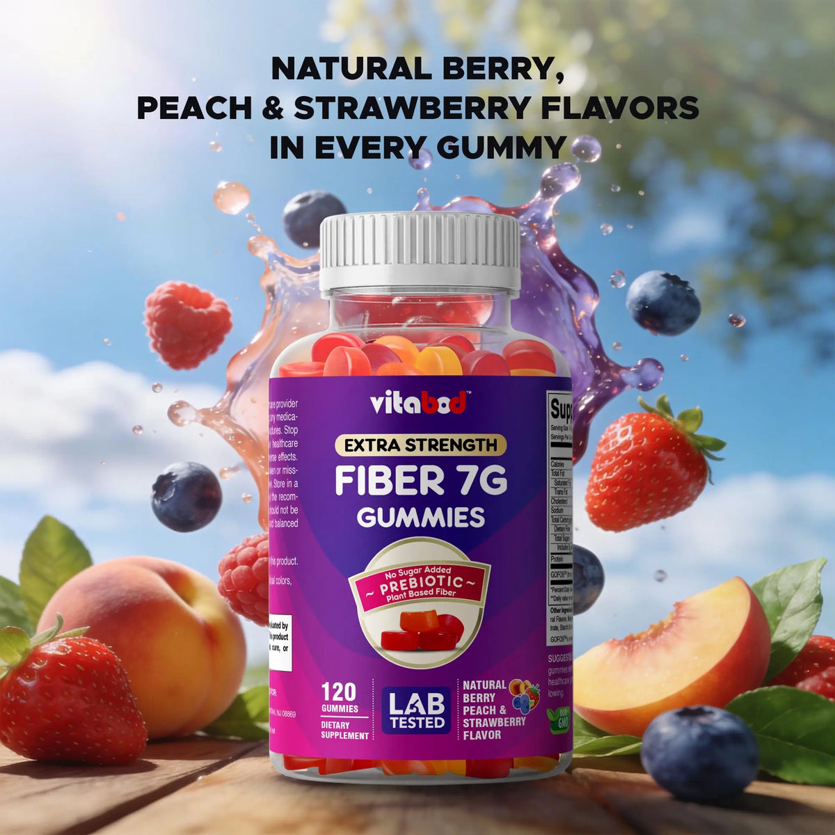 Vitabod Fiber Gummies 7G Per Serving for Digestive Health & Regularity, Prebiotic GOFOS™ Plant-Based Fiber, No Sugar Added, Vegan, Berry Peach Strawberry, 120 Gummies (Adults, Women & Men) Vitabod