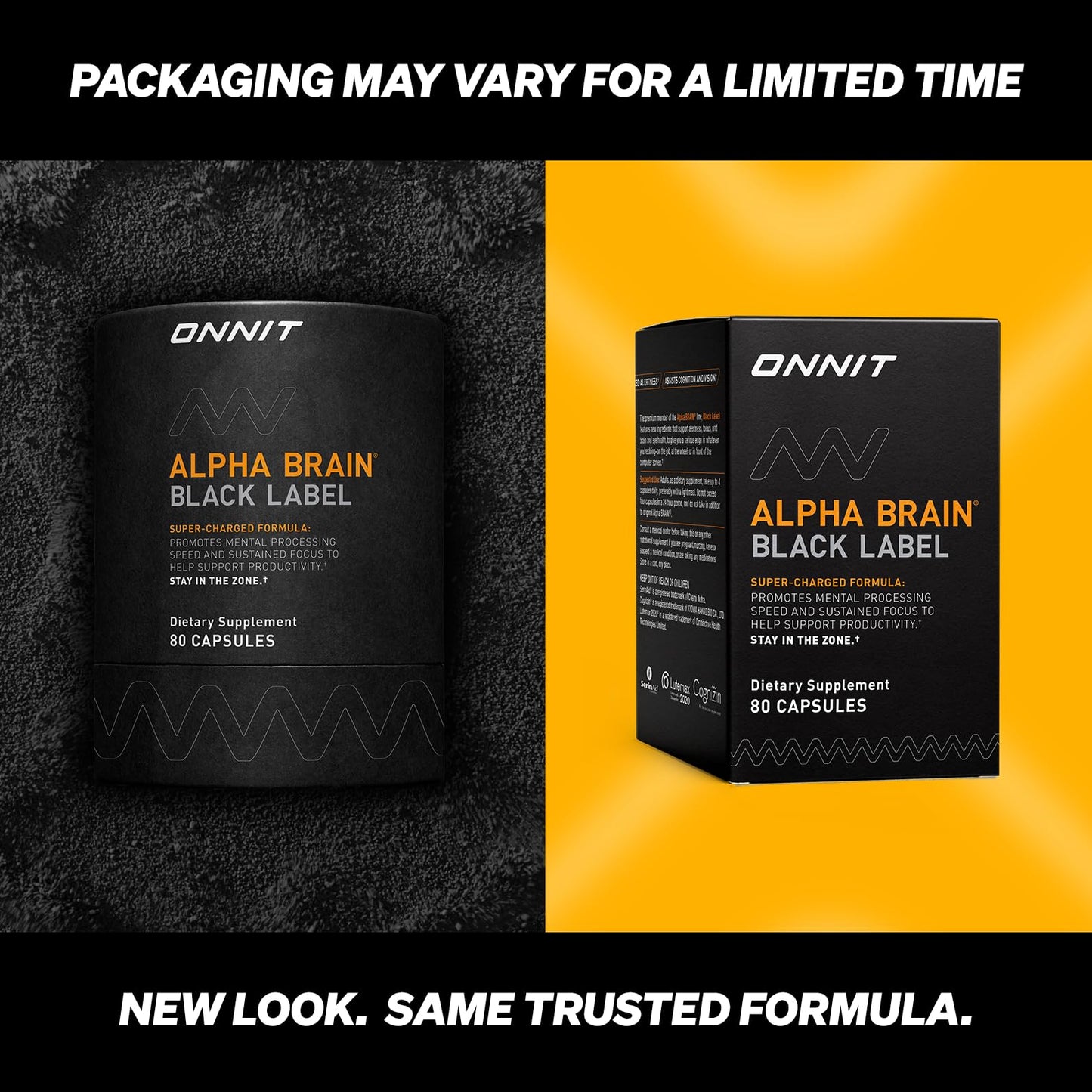 ONNIT Alpha Brain Black Label Capsules, IGEN Non-GMO Tested Citicoline Brain Supplement for Concentration and Memory, Lion’s Mane, Lutemax Lutein, L Theanine and Mucuna Pruriens, 80 Count ONNIT