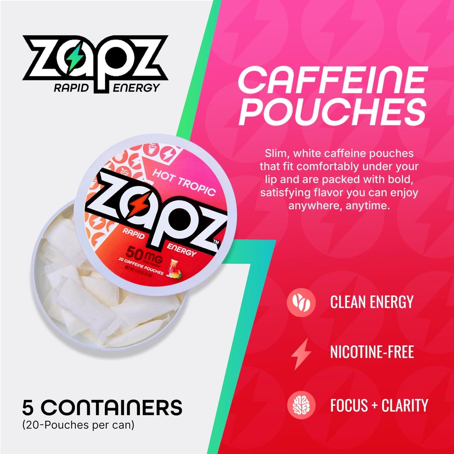 ZAPZ Caffeine Pouches, Hot Tropic, 5 Cans x 20 Count, Energy Pouches with 50mg Caffeine, Nootropic Focus Support, Niacin, L-Theanine, L-Tyrosine, Sugar Free, No Coffee Grinds ZAPZ