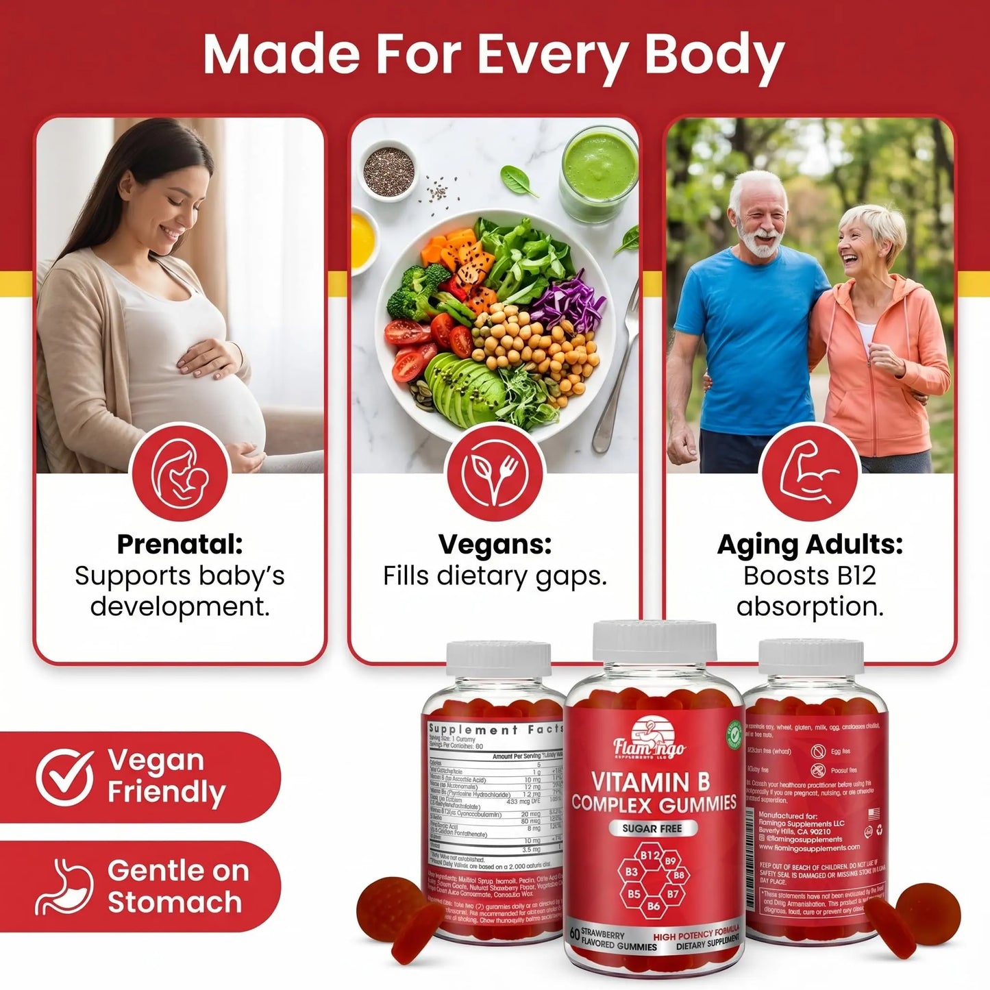 Sugar Free Vitamin B Complex Gummies - Vitamin B12, B7, B6, B3 (Niacin), B5, B8, B9 (Folate)- Third Party Tested- Prenatal, Vegan Diet, Older Adults Flamingo Supplements