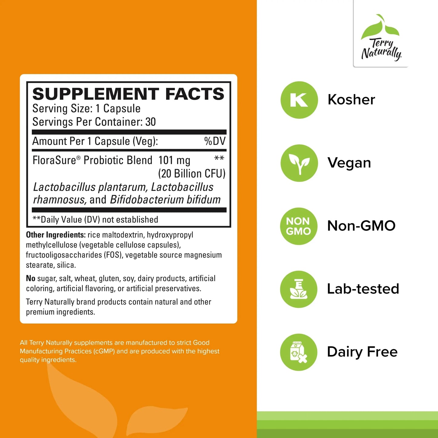 Terry Naturally FloraSure Probiotic - Digestion Supplement to Aid Against Occasional Bloating & Support Gas Relief - Gut Health Support with Bifidobacterium Bifidum - 30 Capsules (Pack of 2) Terry Naturally