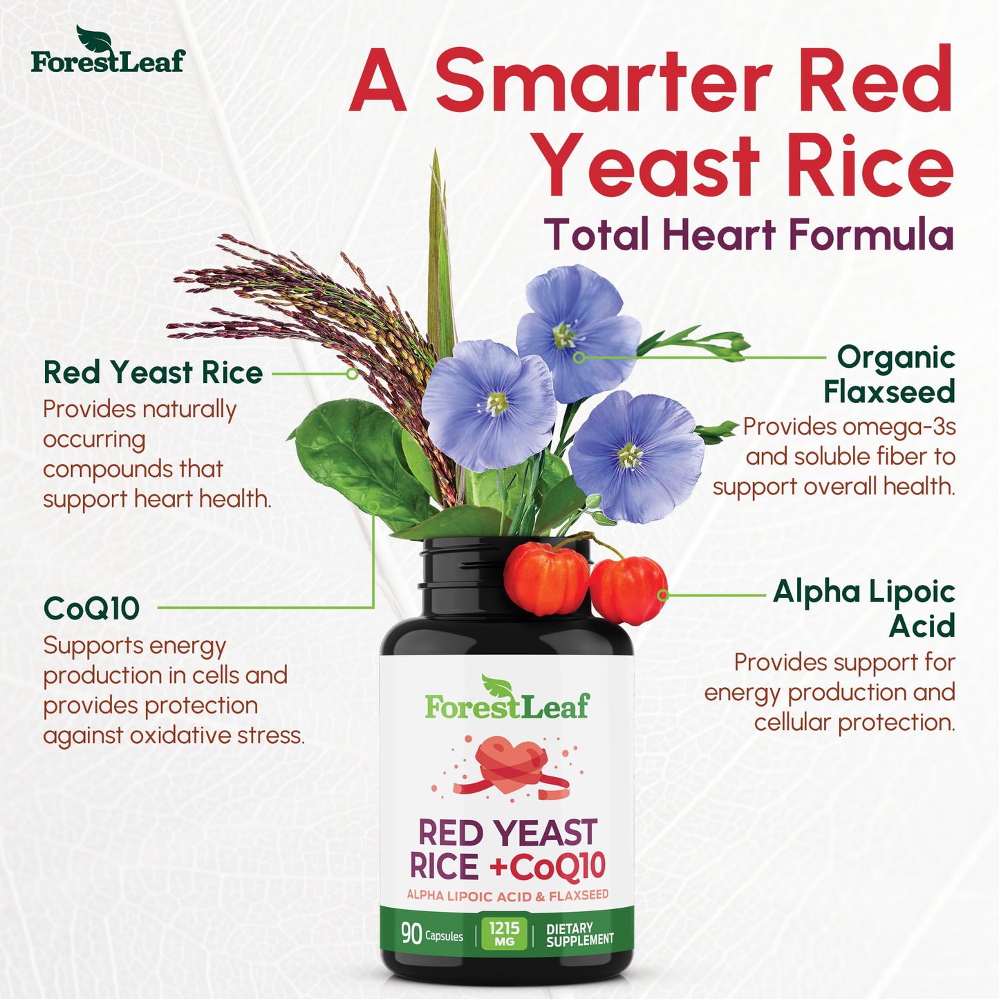 Red Yeast Rice 1215 mg. Capsules - Extra Strength Red Rice Yeast with CoQ10 Supplement, Plus Alpha Lipoic Acid & Organic Flaxseed, Citrinin Free, ForestLeaf