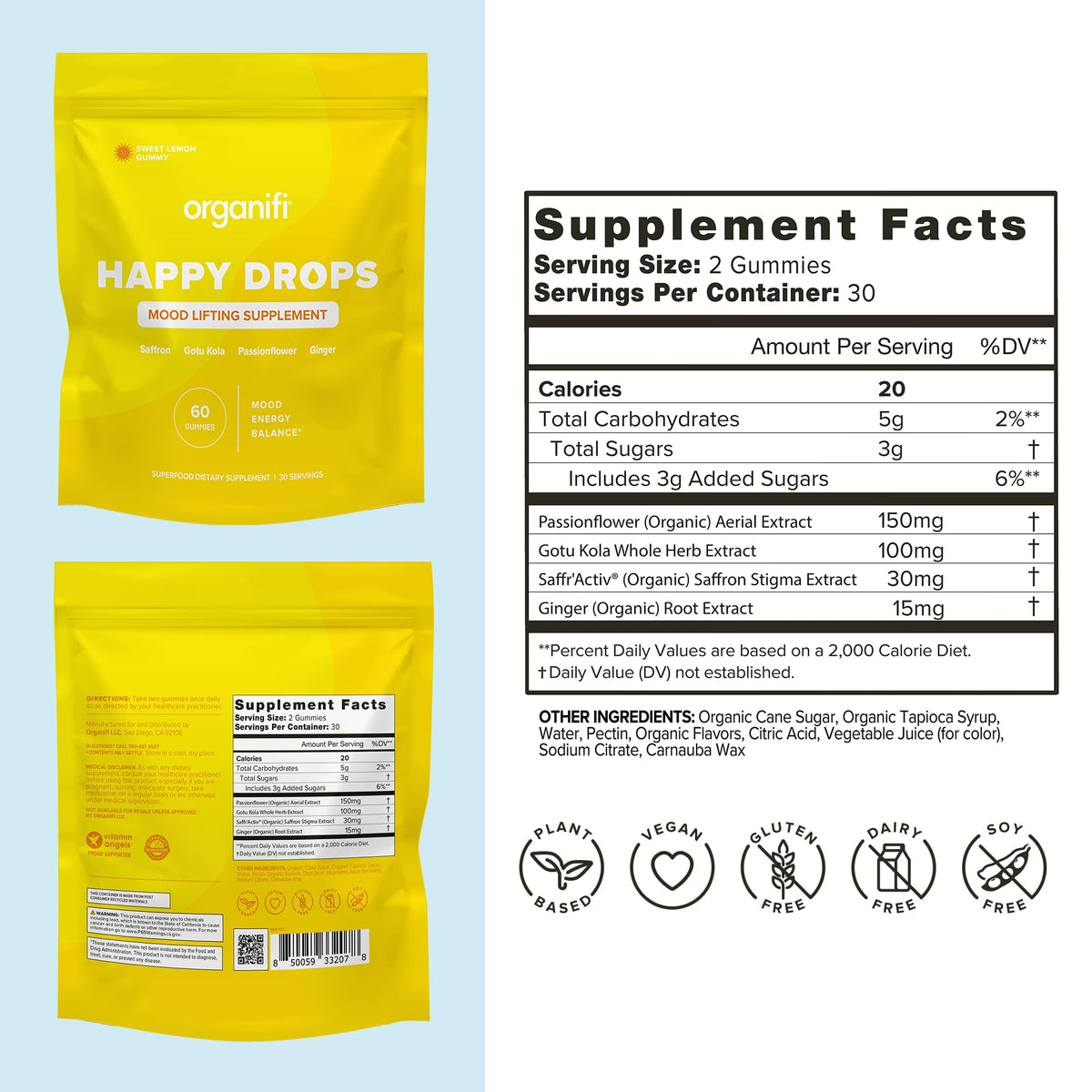 Organifi Happy Drops - Daily Superfood Happy Gummies for Adults - Mood Support Supplement for Balance, Bliss, Energy and Taking the Edge Off - Sweet Lemon Flavor - 60 Gummies Organifi