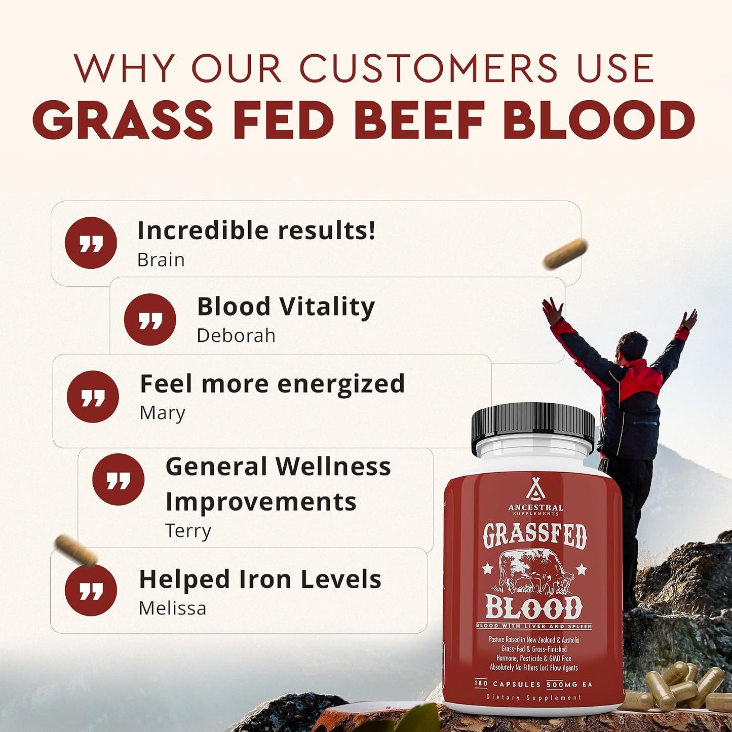 Ancestral Supplements Grass Fed Blood is Blood, Liver & Spleen Formula, 500mg, Grass Fed Beef Supplement, Red & White Blood Cell Formation, Immune and Heart Health Support, Non GMO, 180 Capsules Gsupps Australia