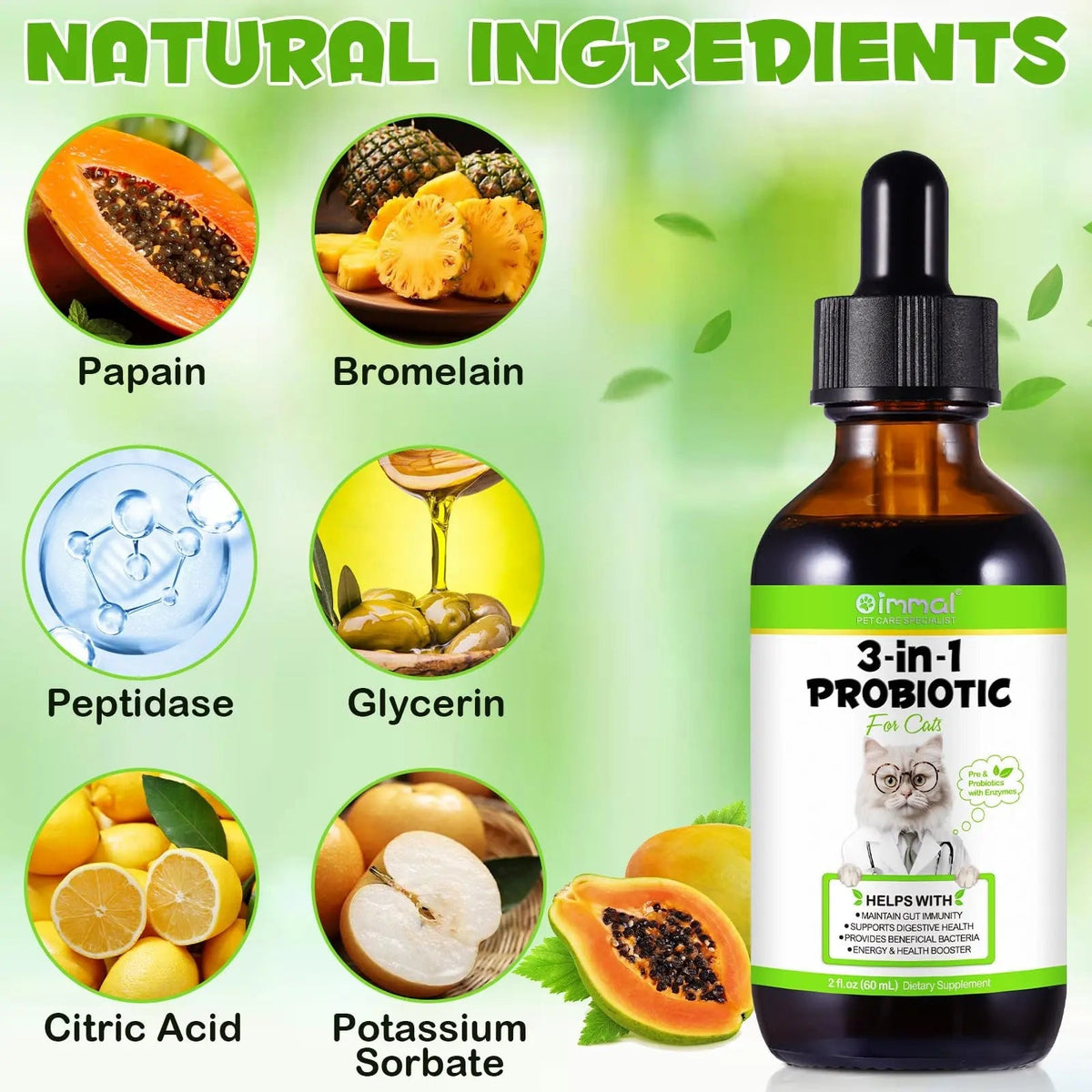 Liquid Cat Probiotic, Natural 3 in 1 Probiotic for Cats, Cat Digestive Support,Gut Health Support,Help with Diarrhea,Gas and Bloating, Cat Herbal Supplements- 60ml VOSIFSDIY
