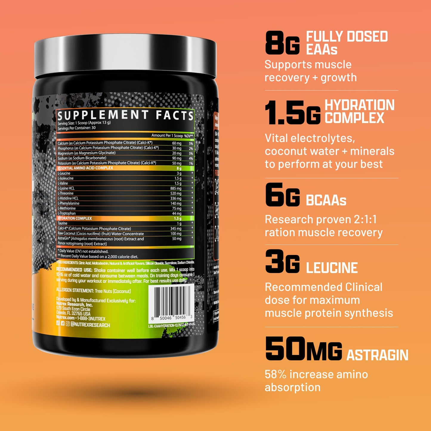 Nutrex Research EAA Hydration | EAAs + BCAA Powder | Muscle Recovery, Strength, Muscle Building, Endurance | 8G Essential Amino Acids + Electrolytes | 30 Servings It's Mango Time Nutrex Research