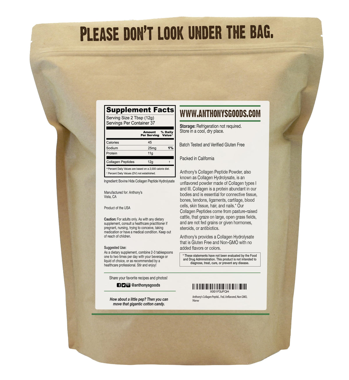 Anthony's Collagen Peptide Powder, 1 lb, Pure Hydrolyzed, Gluten Free, Keto and Paleo Friendly, Grass Fed Anthony's
