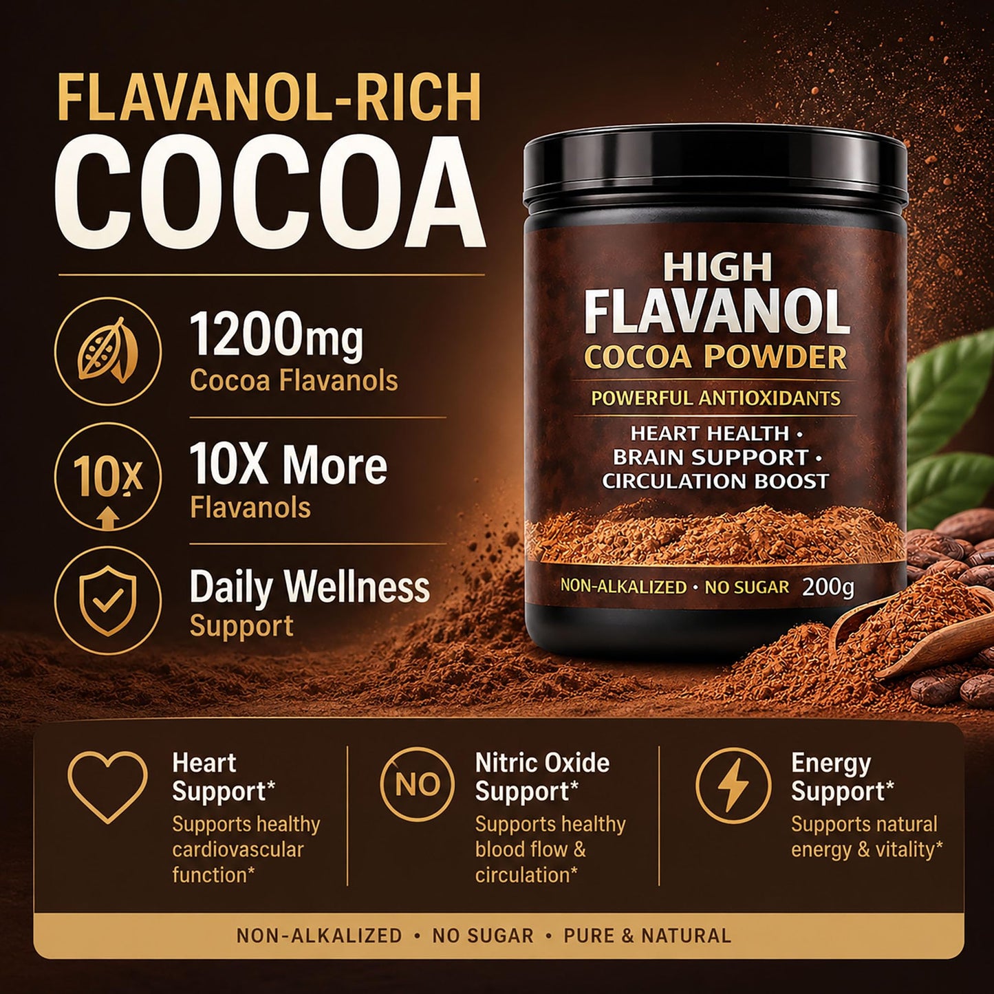 High Flavanol Cocoa Powder, Flavanol Rich Cocoa Powder– 1200mg Cocoa Flavanols – 10X More Flavanols – Supports Heart Health, Nitric Oxide & Energy NUEVIDA