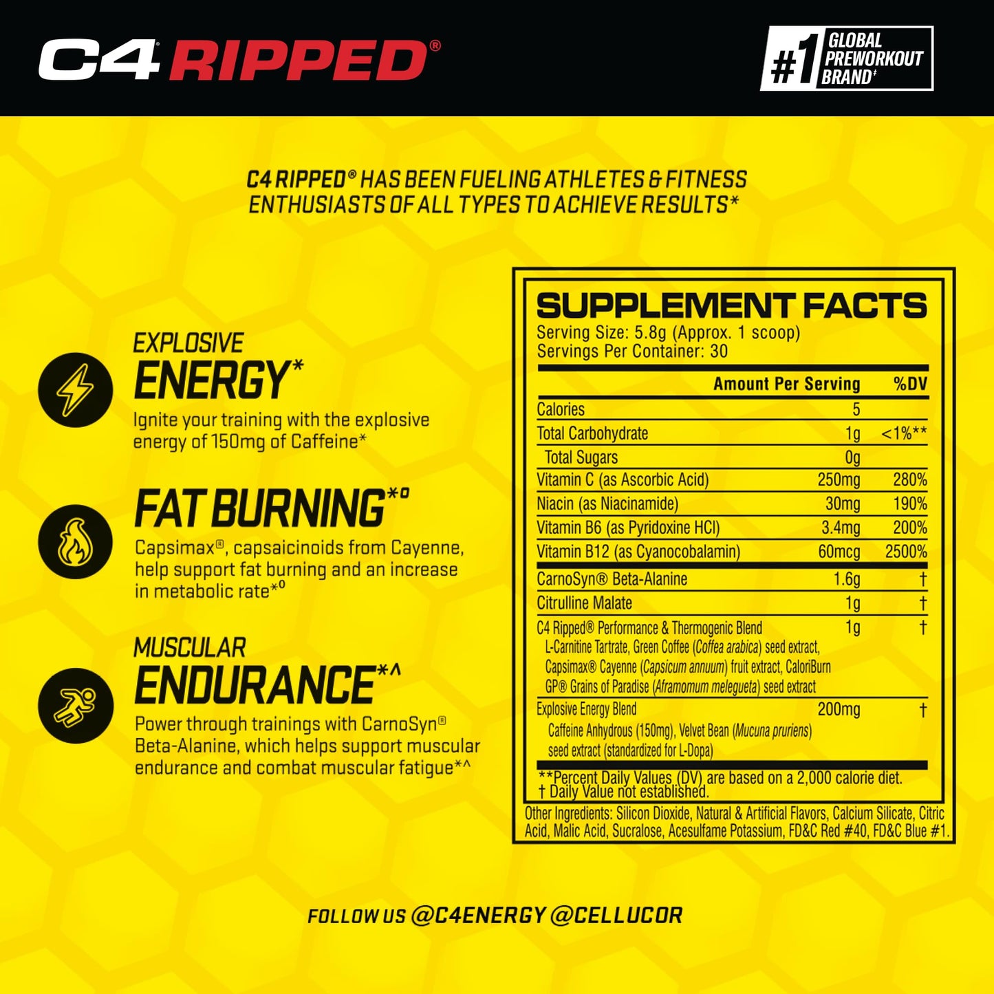 Cellucor C4 Ripped Pre Workout Powder Raspberry Lemonade | Creatine Free + Sugar Free Cellucor