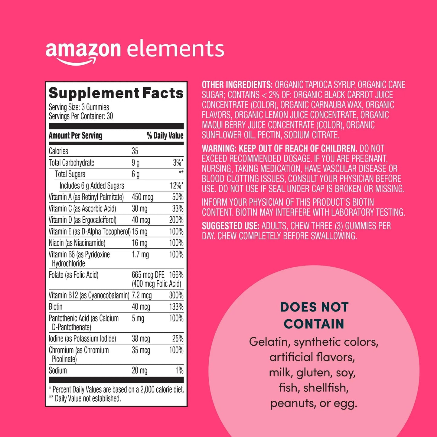 Amazon Elements - Adult Women’s Organic Multivitamins, 90 Gummies (30 servings), Vegetarian Amazon Elements