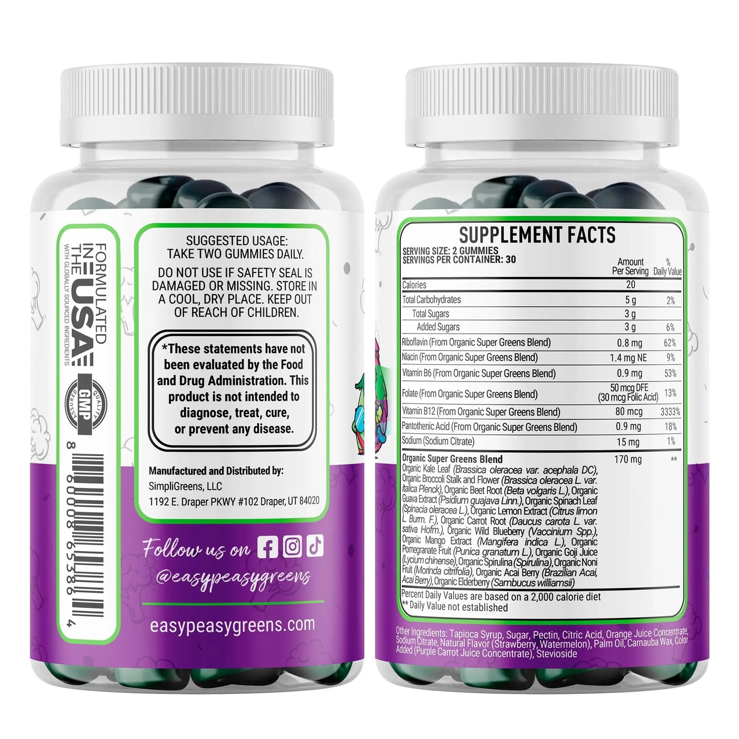 EasyPeasyGreens Daily Veggie Gummies for Kids - 60 Greens Gummies - Helps Picky Eaters Get Their Veggies in EASY PEASY GREENS