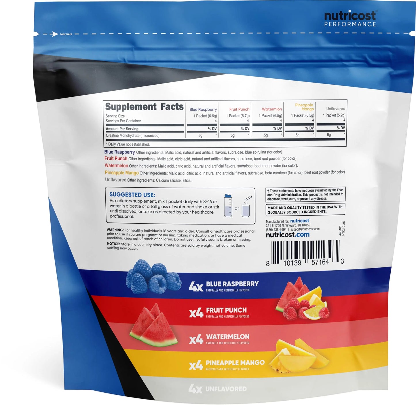 Nutricost Creatine Monohydrate Powder Variety Stickpacks (5 Flavors, 20 Servings) - Micronized, 5 Grams of Creatine Monohydrate Per Pack Nutricost