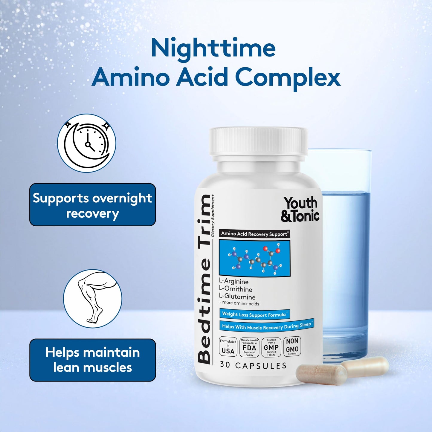 Youth & Tonic PM Bedtime Trim for Lean Appearance & Muscle Definition Support – Nighttime Amino Acids Supplement for Overnight Recovery, Men & Women, 30 Capsules Youth & Tonic