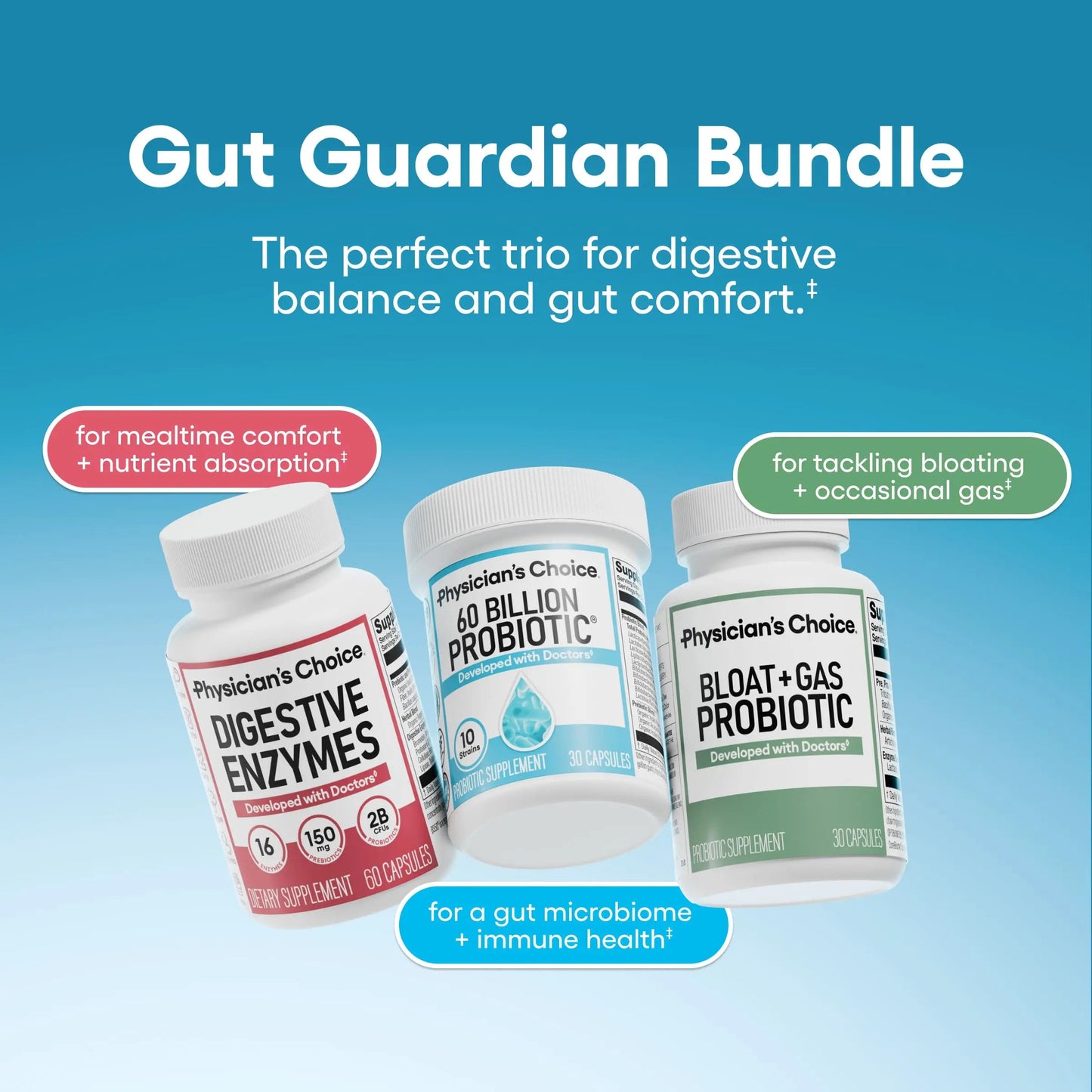 Physician's CHOICE Gut Guardian Bundle: Advanced Bloating & Digestion Support with 60 Billion Probiotic, Digestive Enzymes & Bloat + Gas Probiotic - Daily Gut Health Support for Women and Men Physician's CHOICE