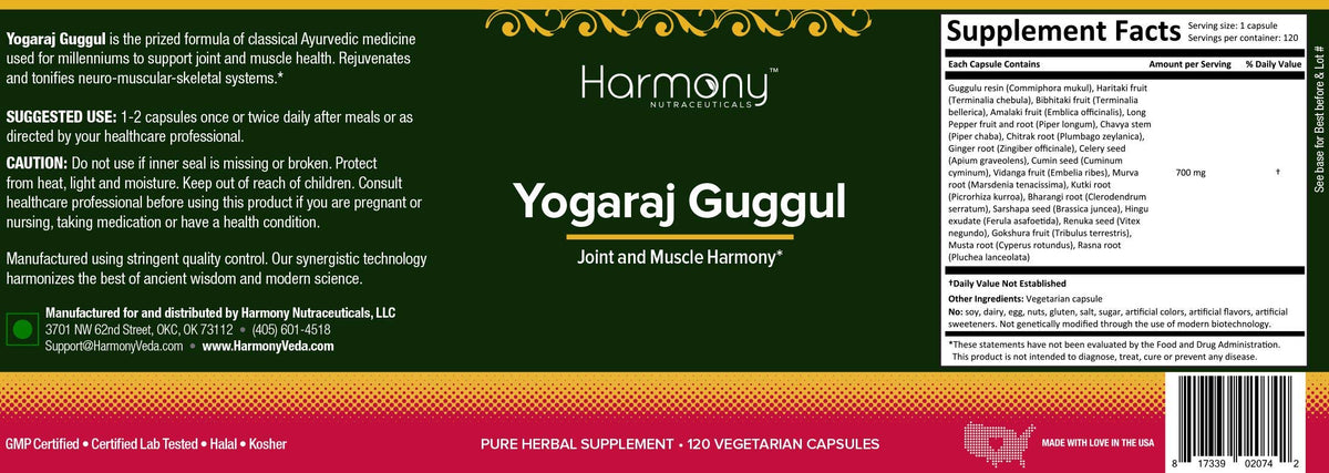 Harmony Nutraceuticals Yogaraj Guggulu - Organic - 120 Capsules - Ayurvedic Herbs for Pain in The Muscles, Nerves & Joints Harmony Nutraceuticals