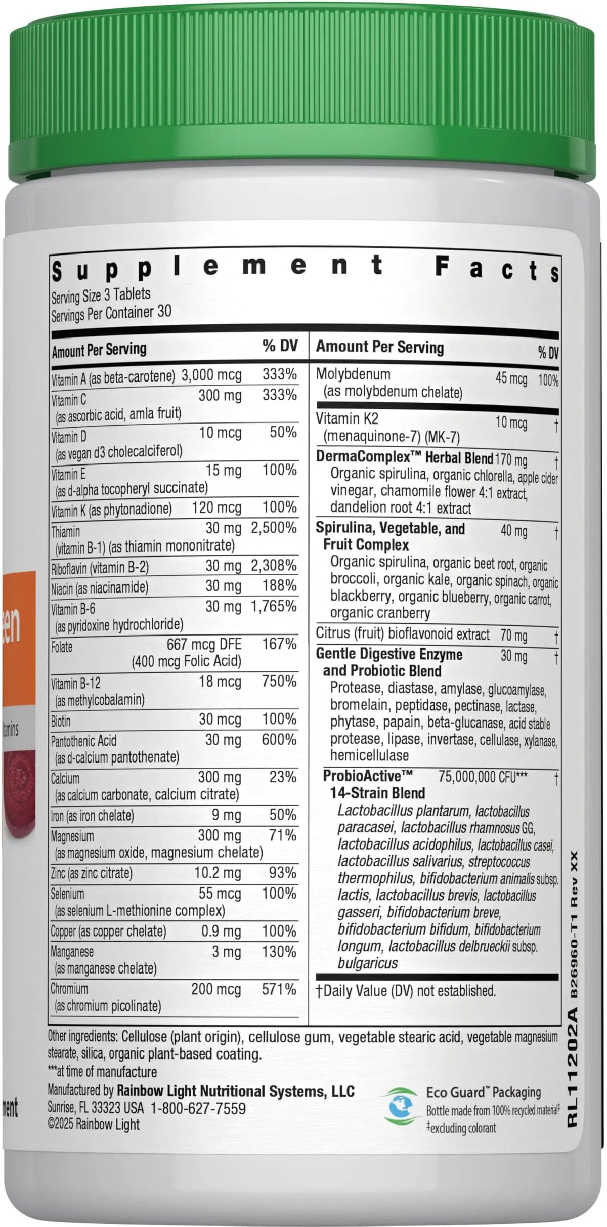 Rainbow Light Multivitamin for Teens, Vitamin C, Zinc, & B Complex, Supports Brain Health, Nerve Function Rainbow Light