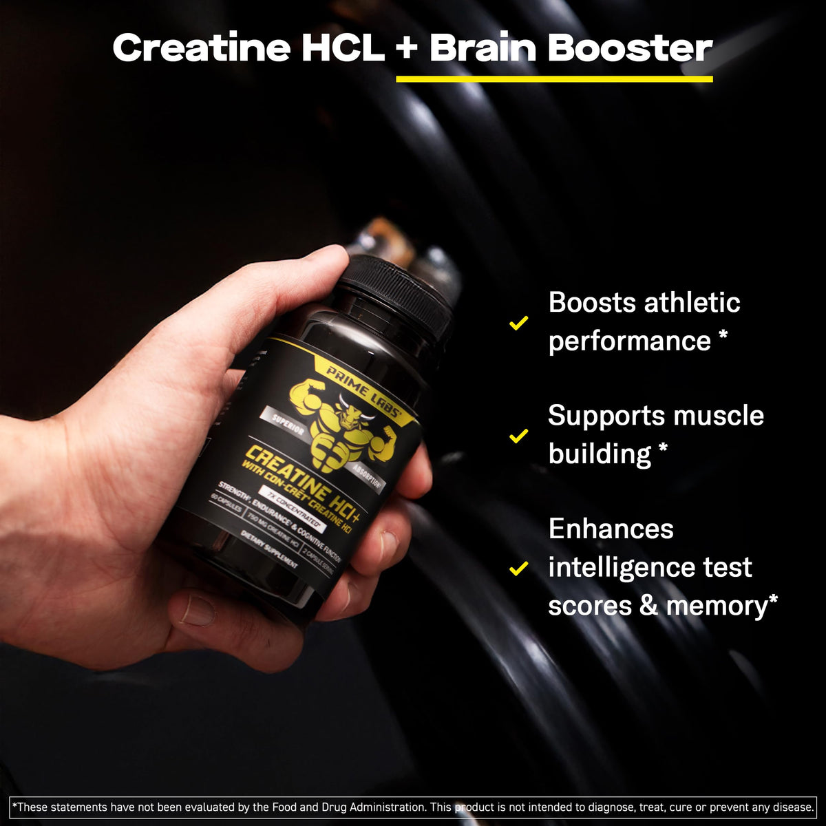 Prime Labs Creatine HCl Capsules - with CON-CRĒT®, Rhodiola Root Extract, & L-Theanine - Muscle Support, Endurance, Cognitive Function - for Men & Women - 60 Pills Prime Labs