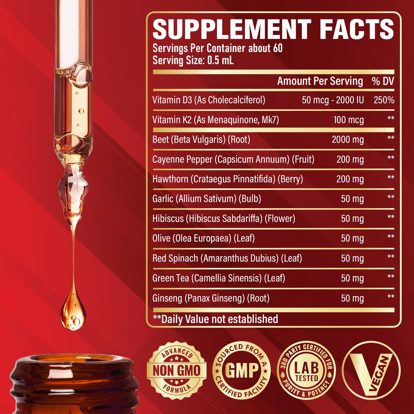 11in1 Beet Root Liquid Drops Supplement with Formula with D3, K2, Hawthorn, Red Spinach, Garlic & Green Tea and More - Supports Immune & Vitality - 1 FL Oz - for 60 Days Satoomi