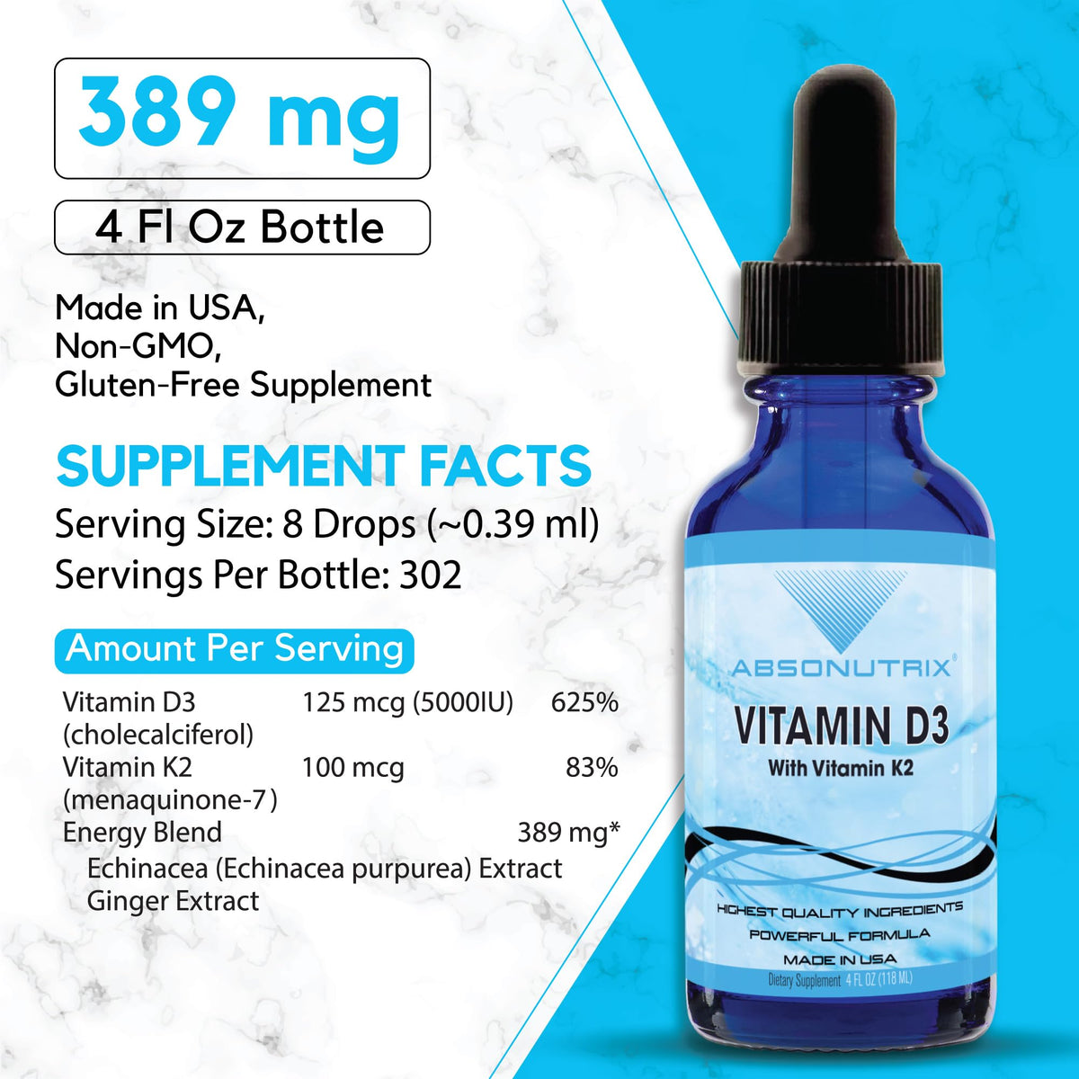 Absonutrix Vitamin D3 K2 Drops, 390mg, 4 Oz Liquid, 302 Servings, Made in USA, Quick Absorption, Quality Potent Ingredients, Non-GMO, GMP Certified, Cruelty-Free Products, Bone Strength Supplements Absonutrix