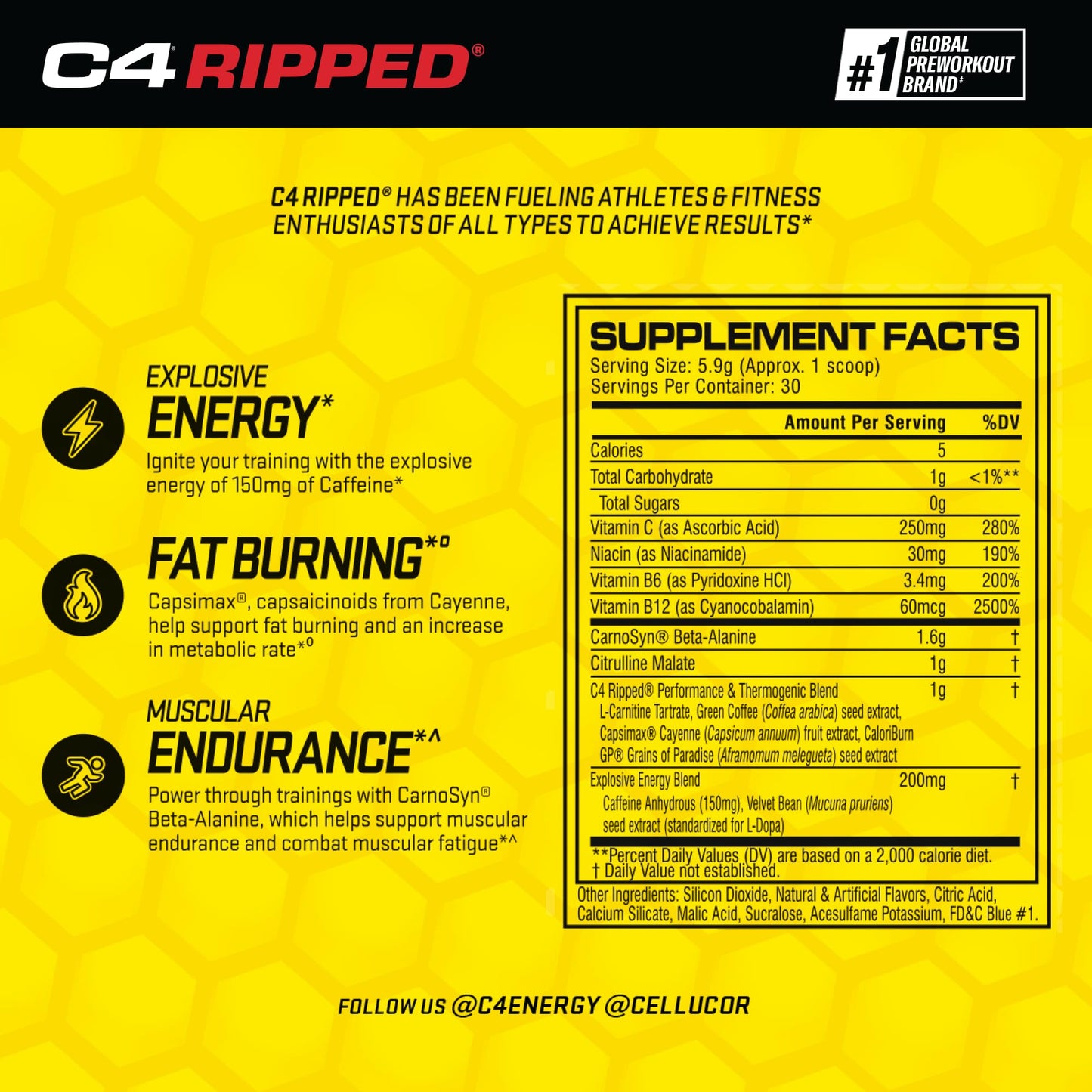 Cellucor C4 Ripped Pre Workout Powder ICY Blue Razz | Creatine Free + Sugar Free Cellucor