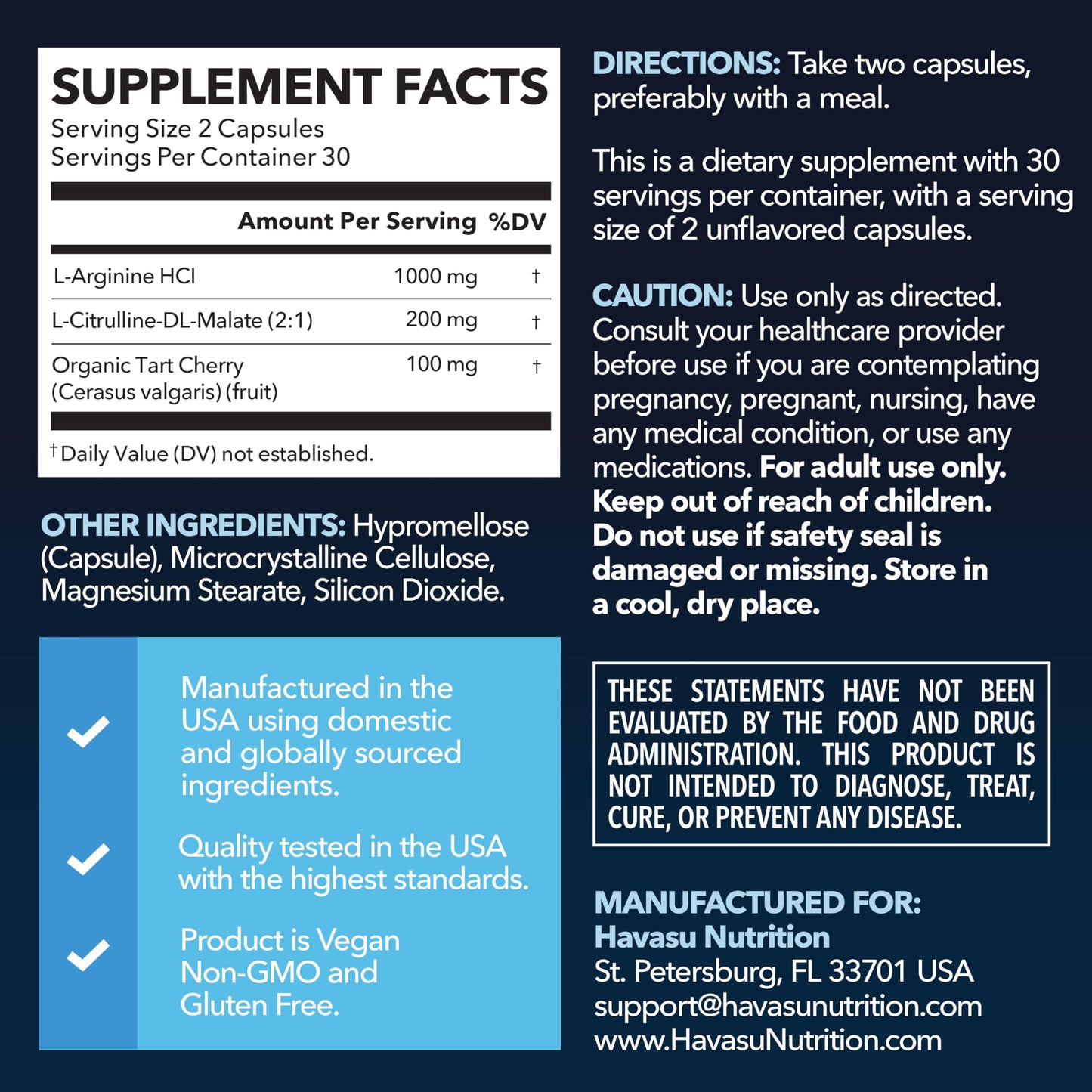 L-Arginine Capsules with L-Citrulline - Nitric Oxide Supplement - L Arginine and L Citrulline Blend - 60 Count - Vegan, Non-GMO Capsules for Performance HAVASU NUTRITION