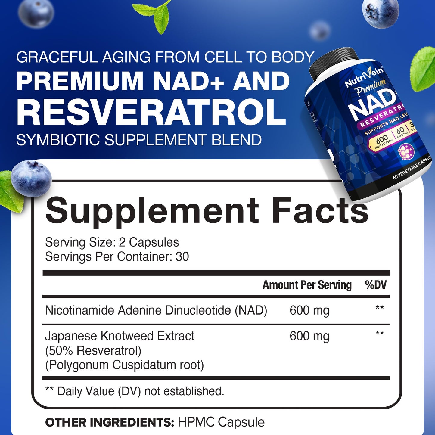 Nutrivein Premium NAD + Resveratrol Supplement 600 mg - 30 Servings (60 Capsules): Powerful Synergistic NAD Resveratrol Supplement - Aging, Cognition, Metabolism, & Overall Well-Being Nutrivein